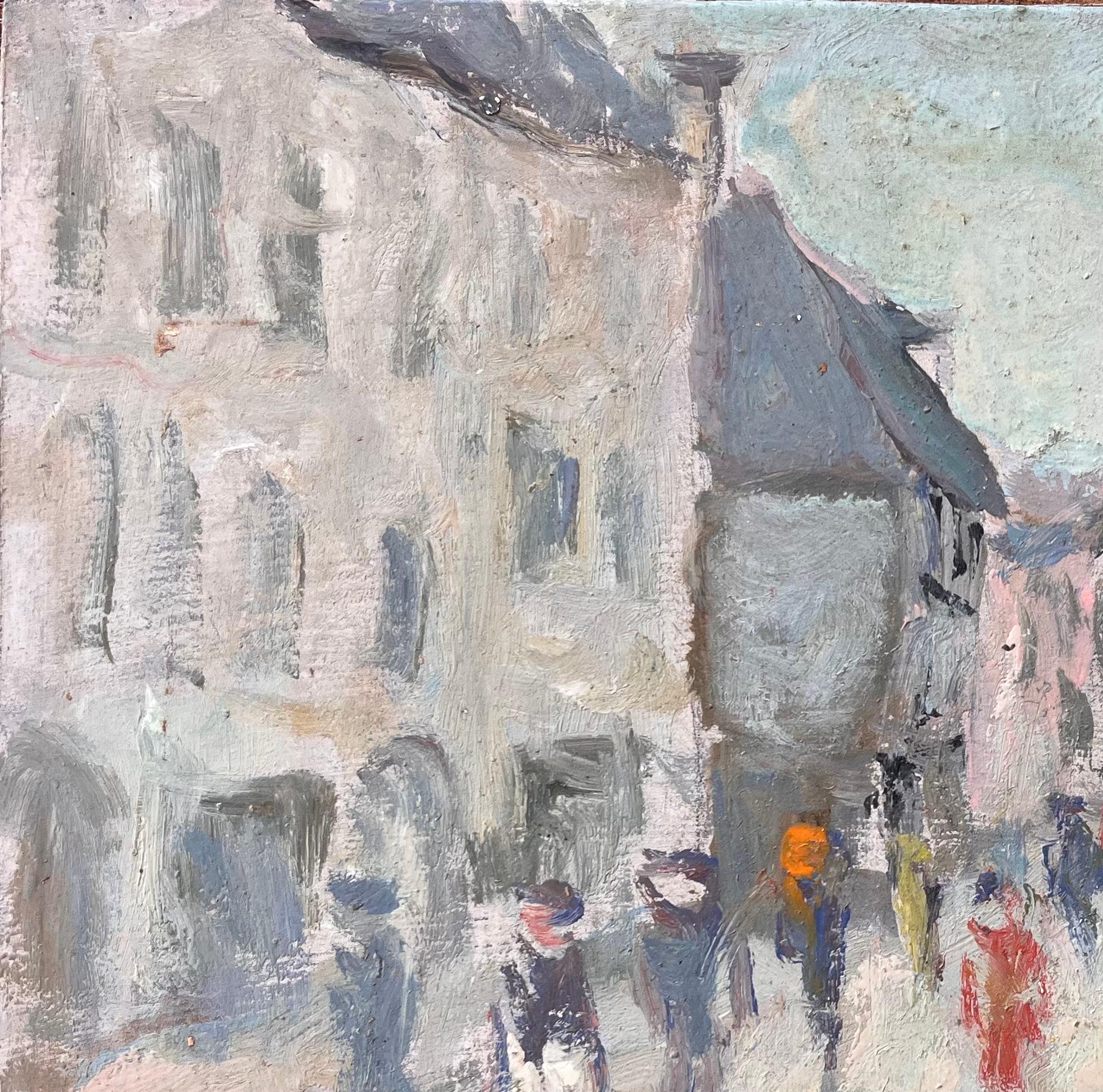 Scène de rue impressionniste française avec personnages et architecture Rue Animée - Impressionnisme Painting par Fanch Lel