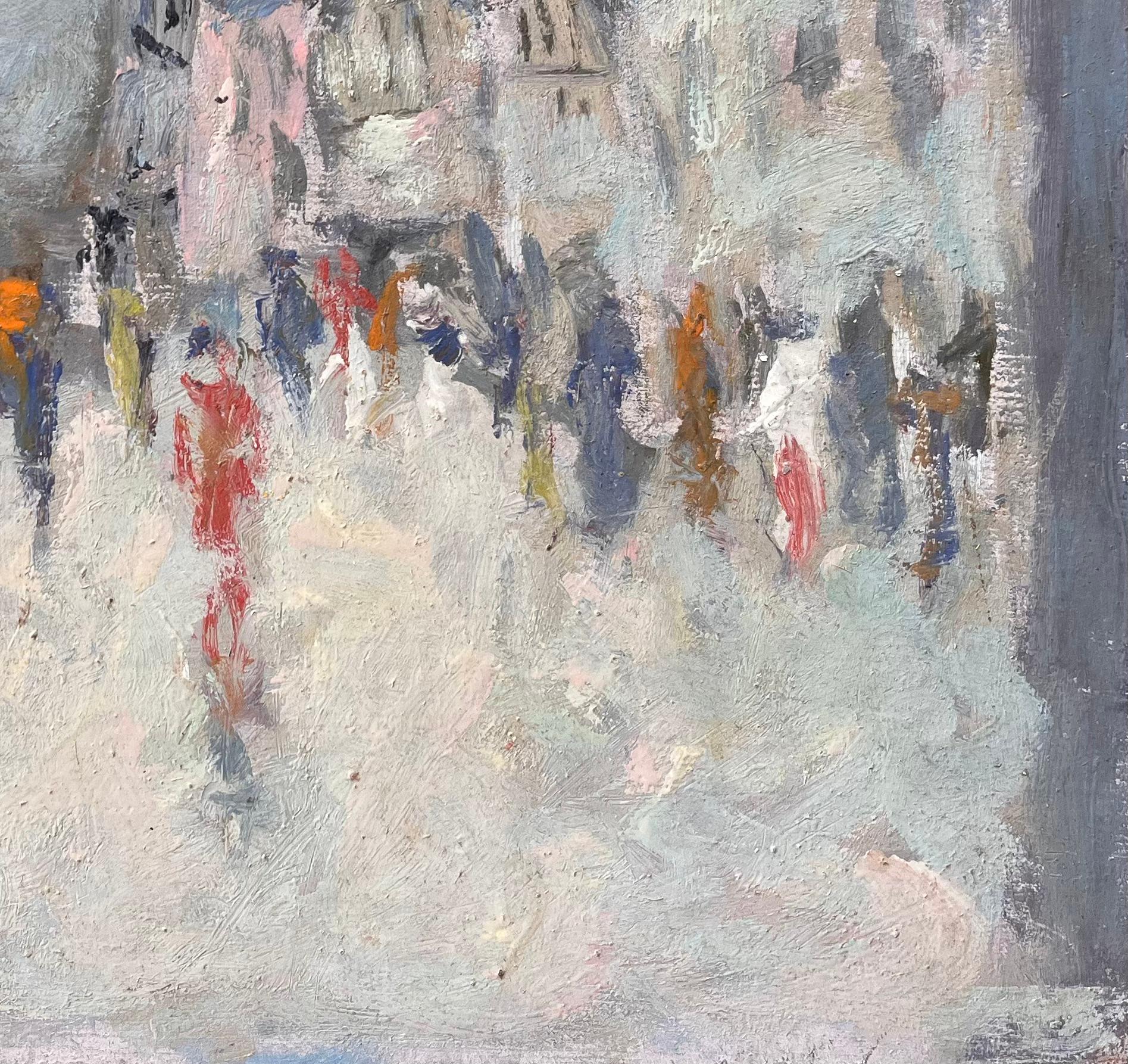 Scène de rue impressionniste française avec personnages et architecture Rue Animée - Gris Abstract Painting par Fanch Lel