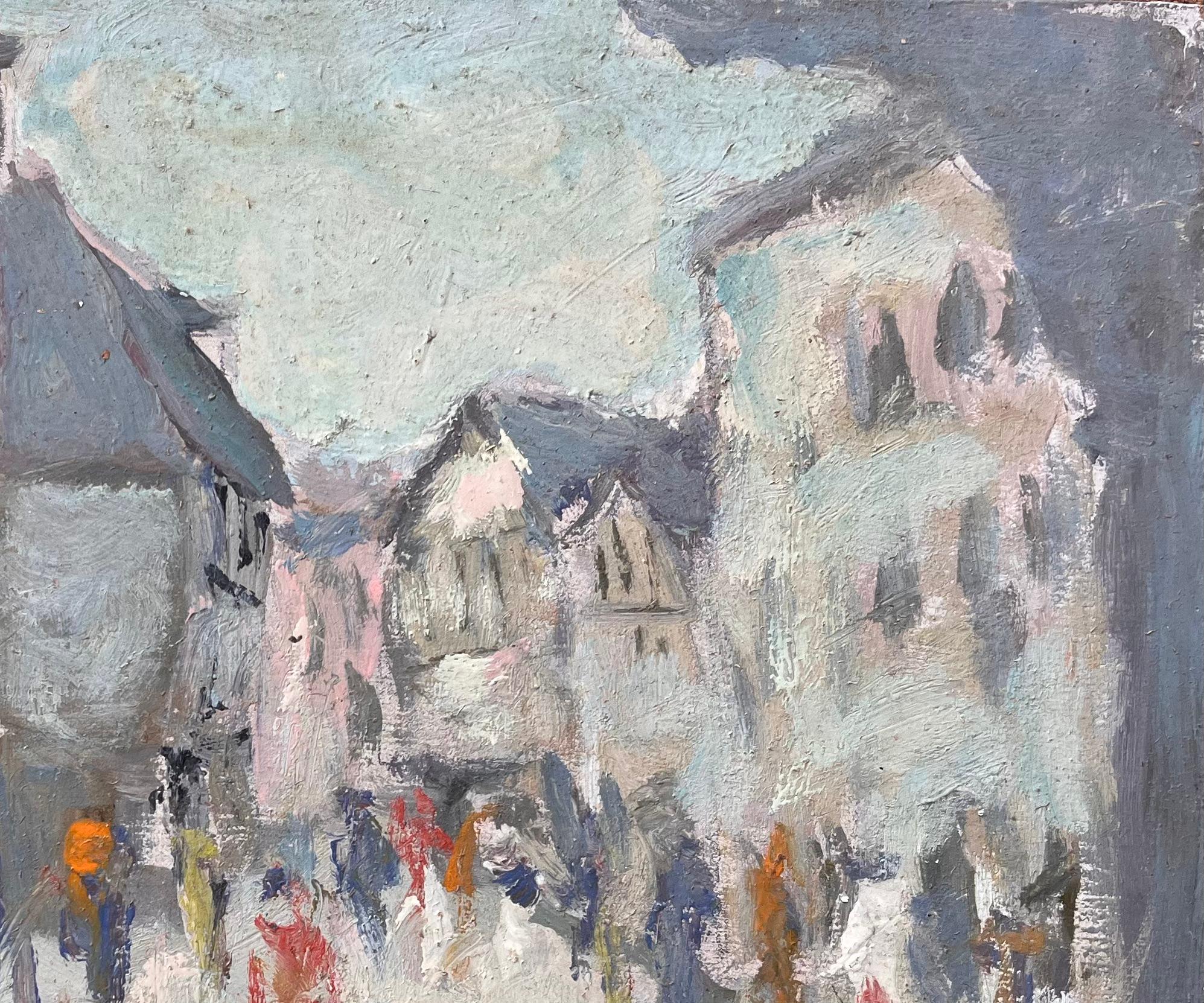 Scène de rue impressionniste française avec personnages et architecture Rue Animée en vente 1