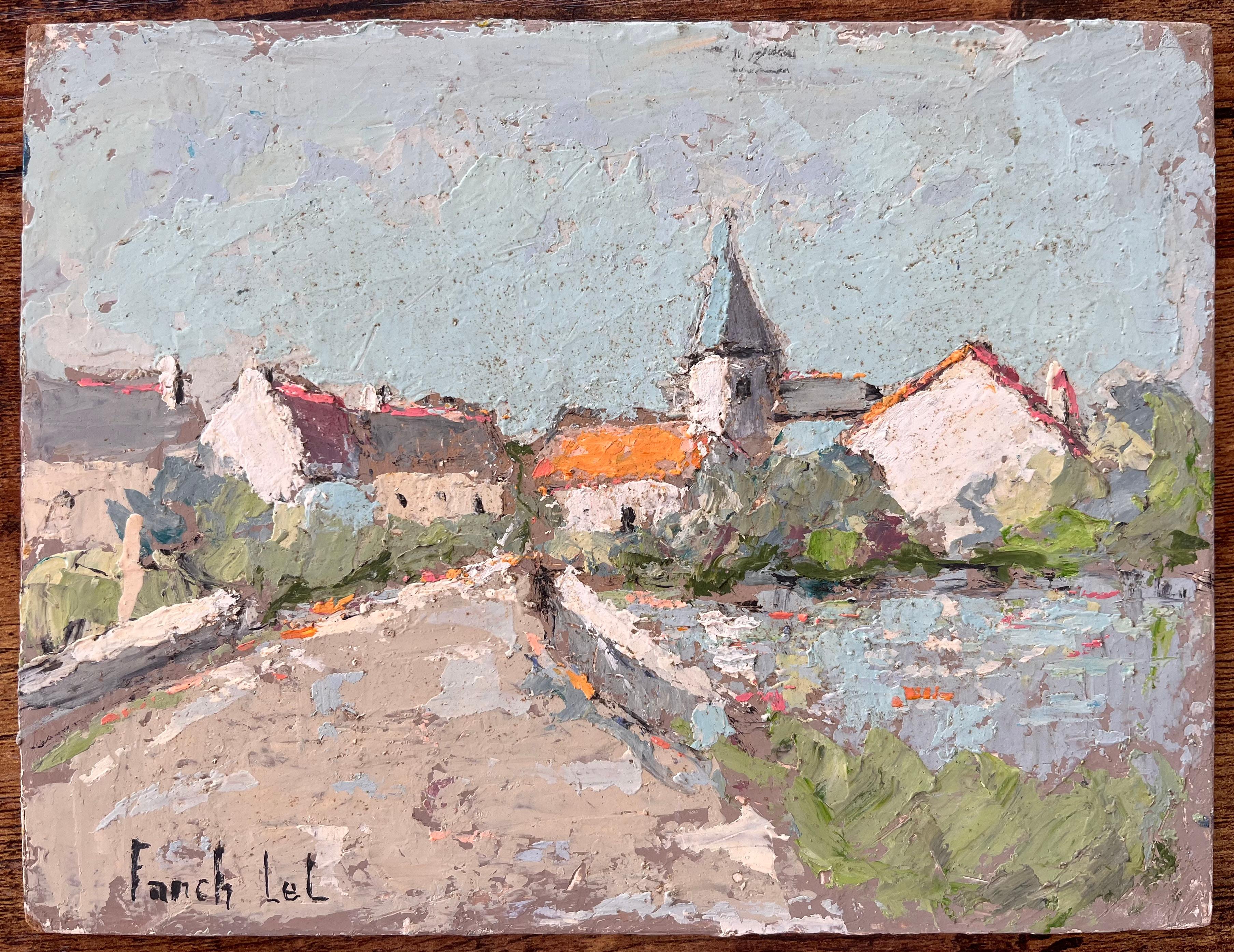 Scène d'église impressionniste française avec pinceau à palette texturé - Painting de Fanch Lel
