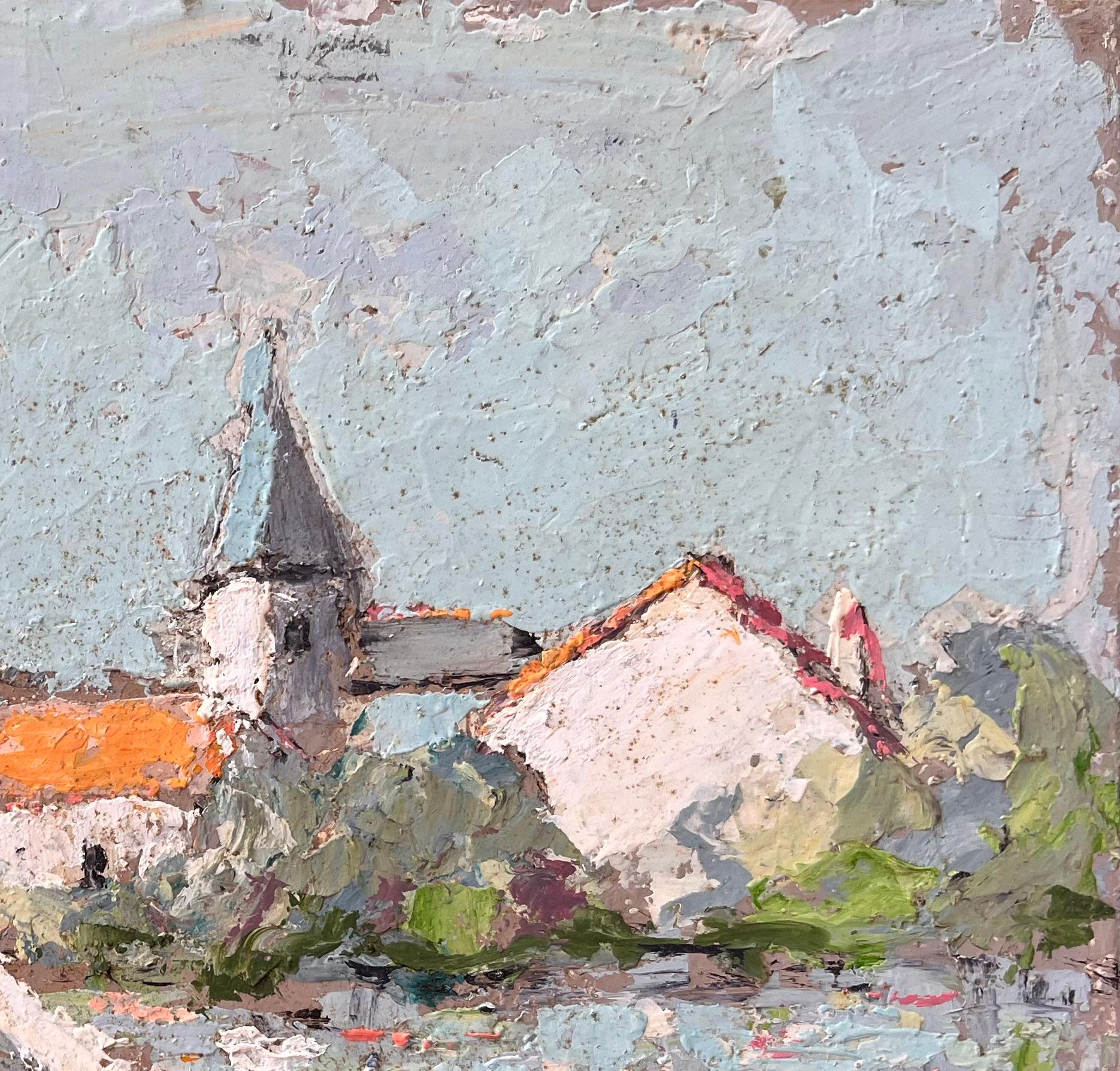 Scène d'église impressionniste française avec pinceau à palette texturé - Impressionnisme Painting par Fanch Lel