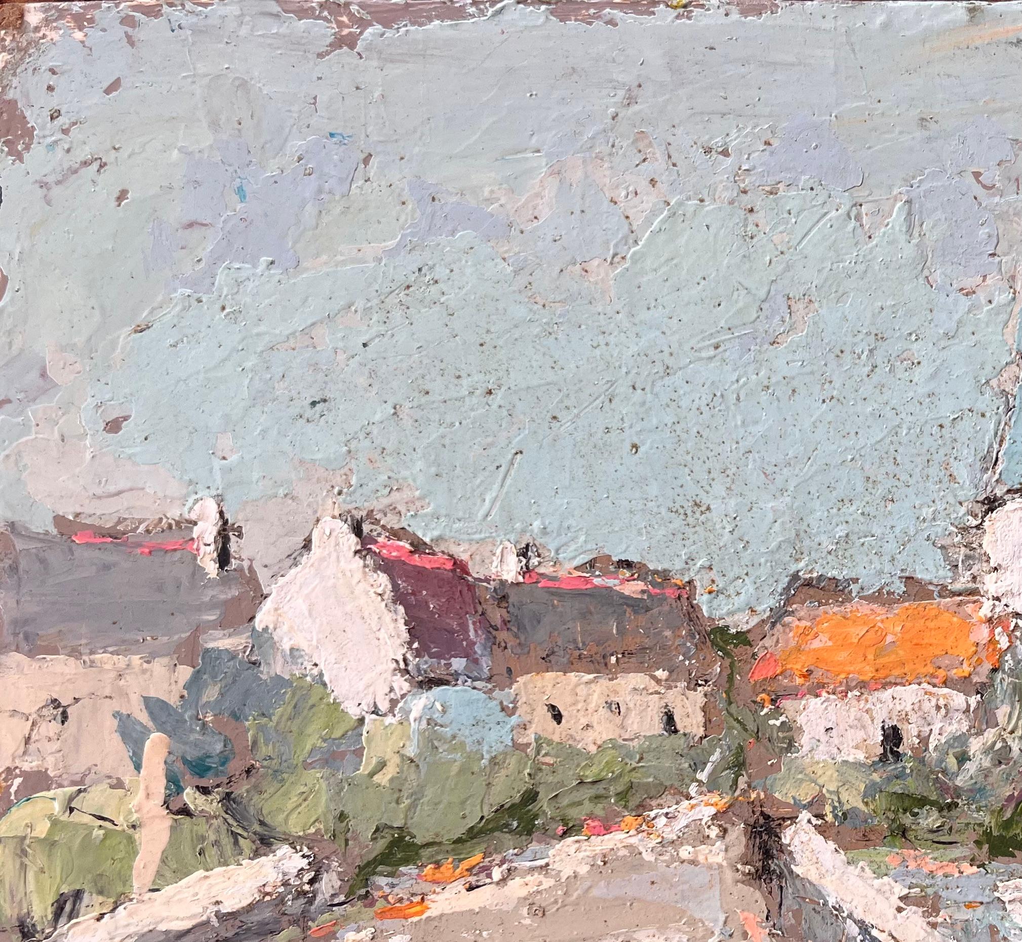Scène d'église impressionniste française avec pinceau à palette texturé - Gris Landscape Painting par Fanch Lel