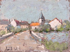 Scena impressionista di una chiesa di un villaggio francese con pennellate di coltello a tavolozza