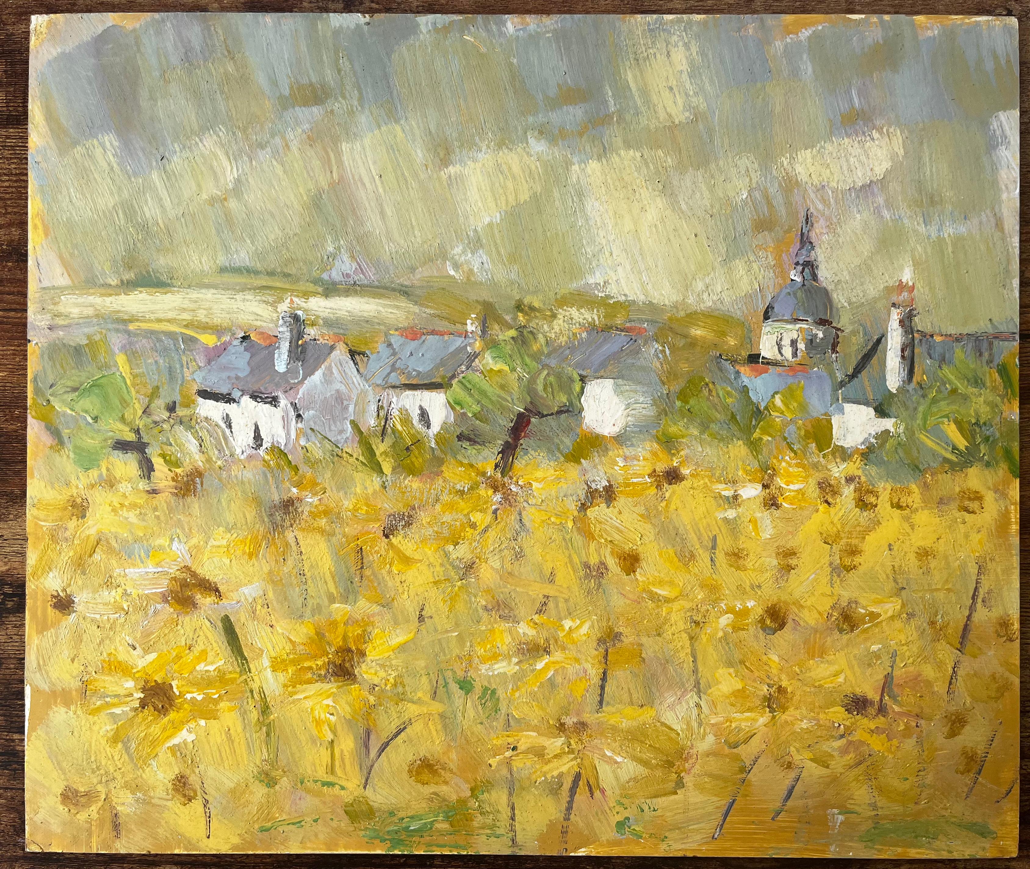 Impressionist French Village Landscape with Yellow Wildflowers and Church Dome - Painting by Fanch Lel