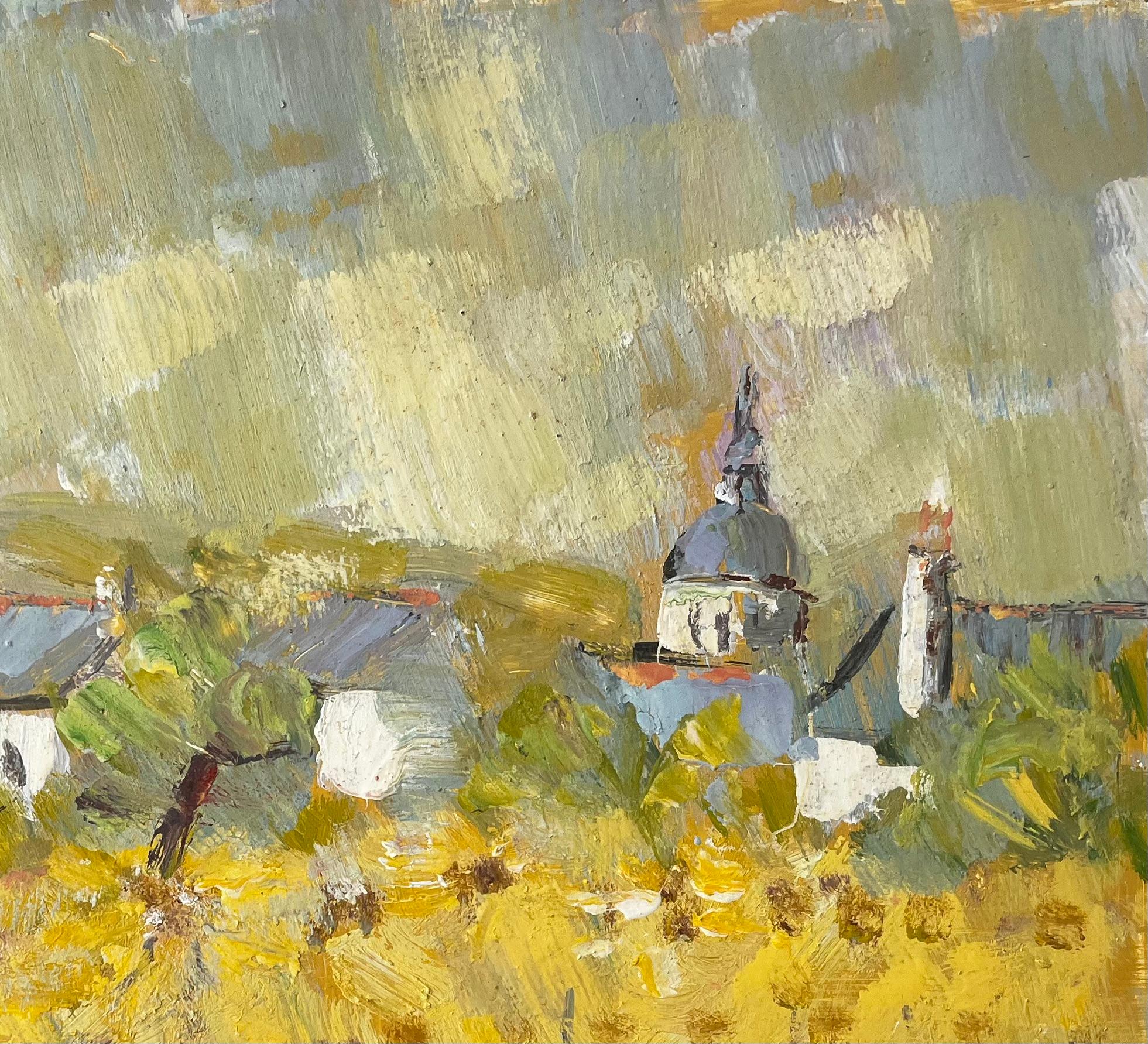 Title: Impressionist French Village Landscape with Yellow Wildflowers and Church Dome
by Fanch Lel
Size: 14.25 x 17 inches (height x width)
Oil painting on board, unframed
Condition: Good condition overall. Minor surface handling marks and light