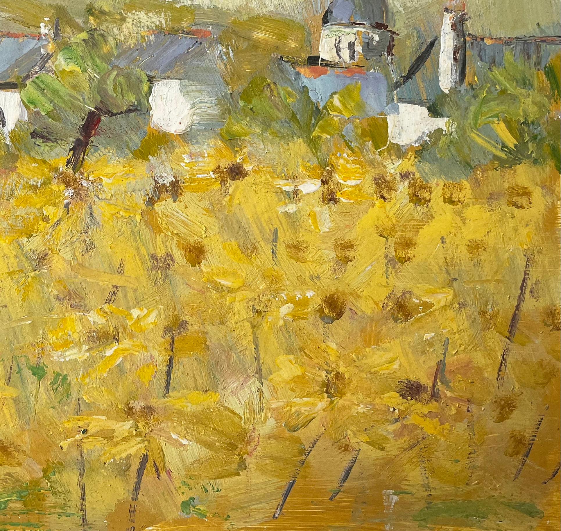 Impressionist French Village Landscape with Yellow Wildflowers and Church Dome For Sale 1