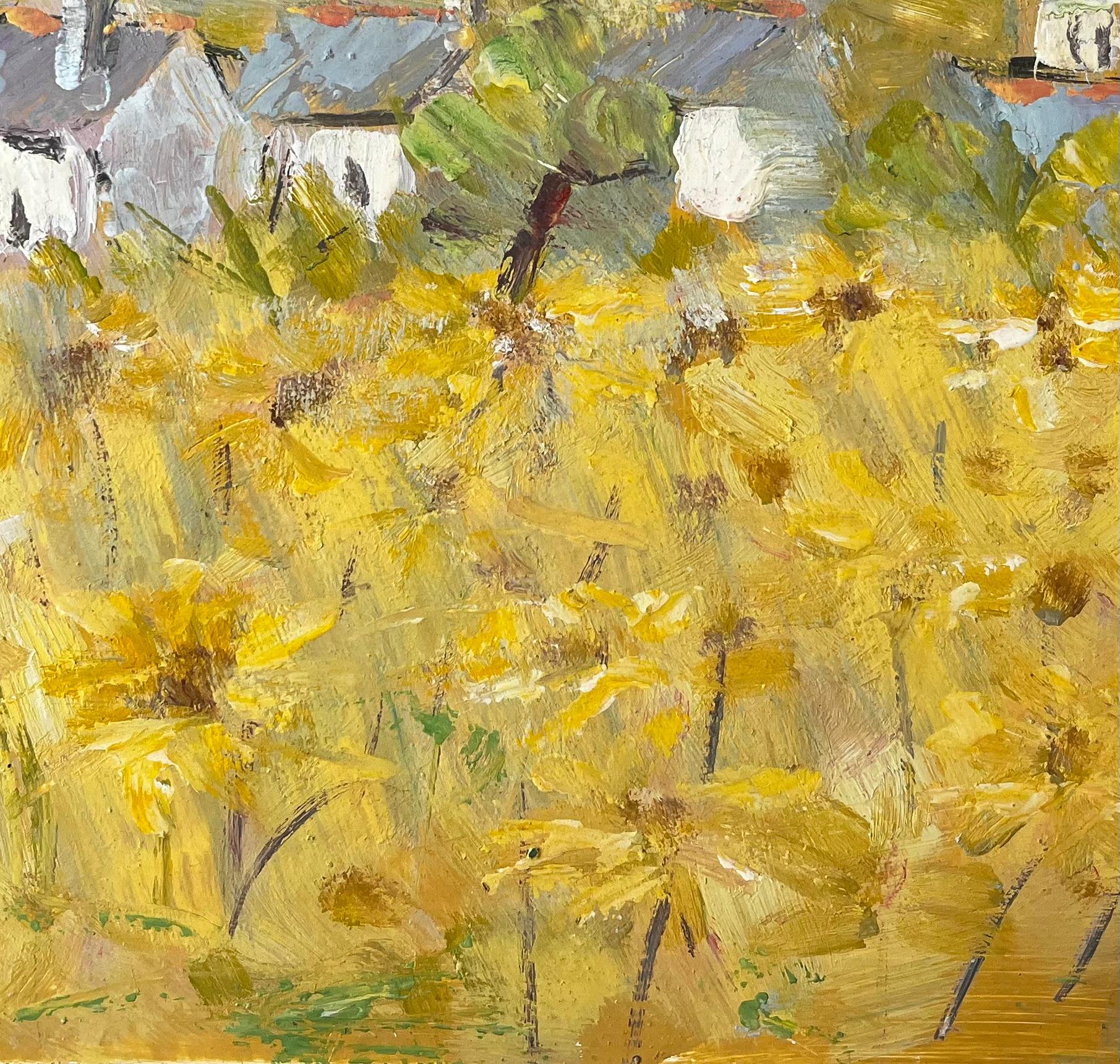 Impressionist French Village Landscape with Yellow Wildflowers and Church Dome For Sale 2