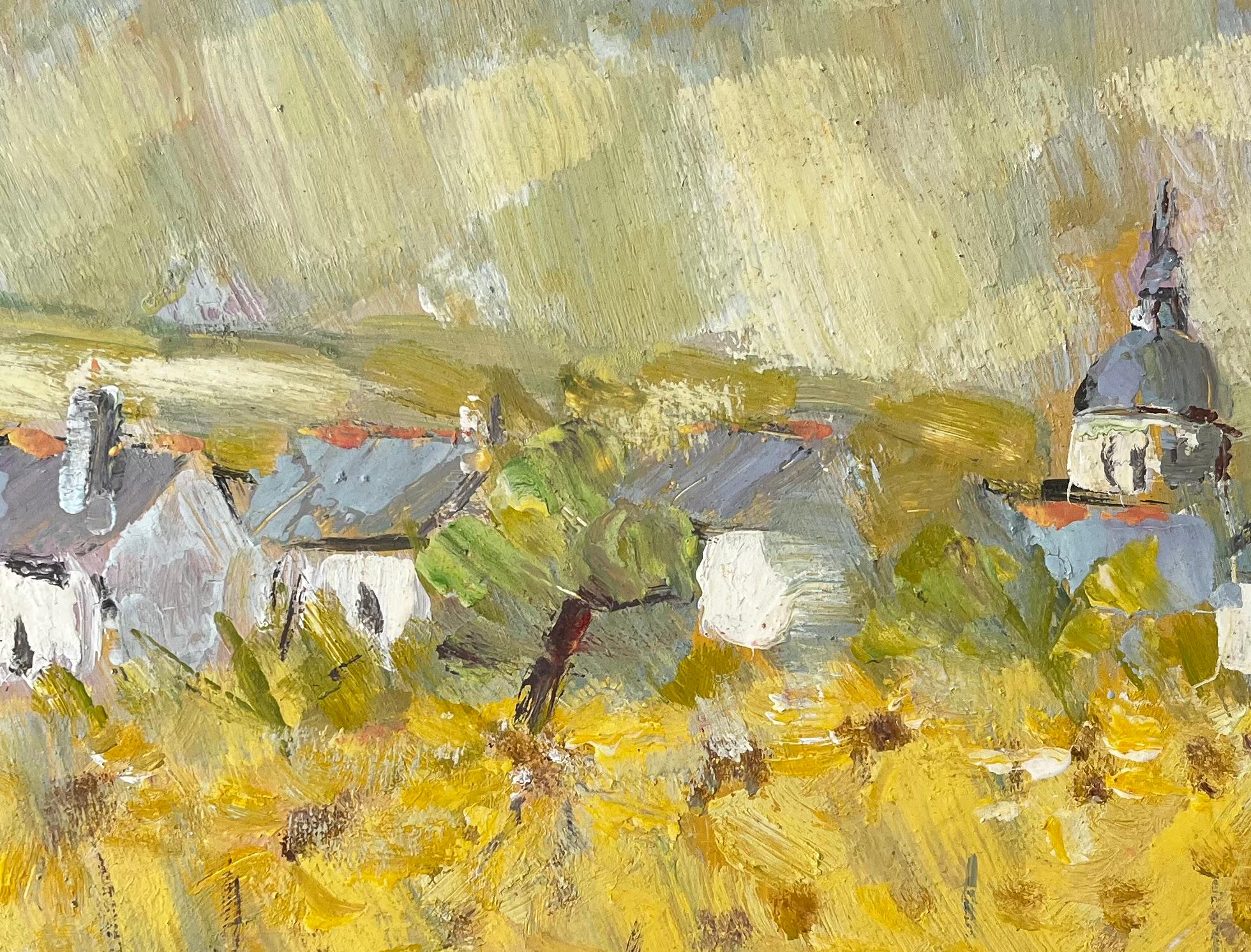 Impressionist French Village Landscape with Yellow Wildflowers and Church Dome For Sale 3
