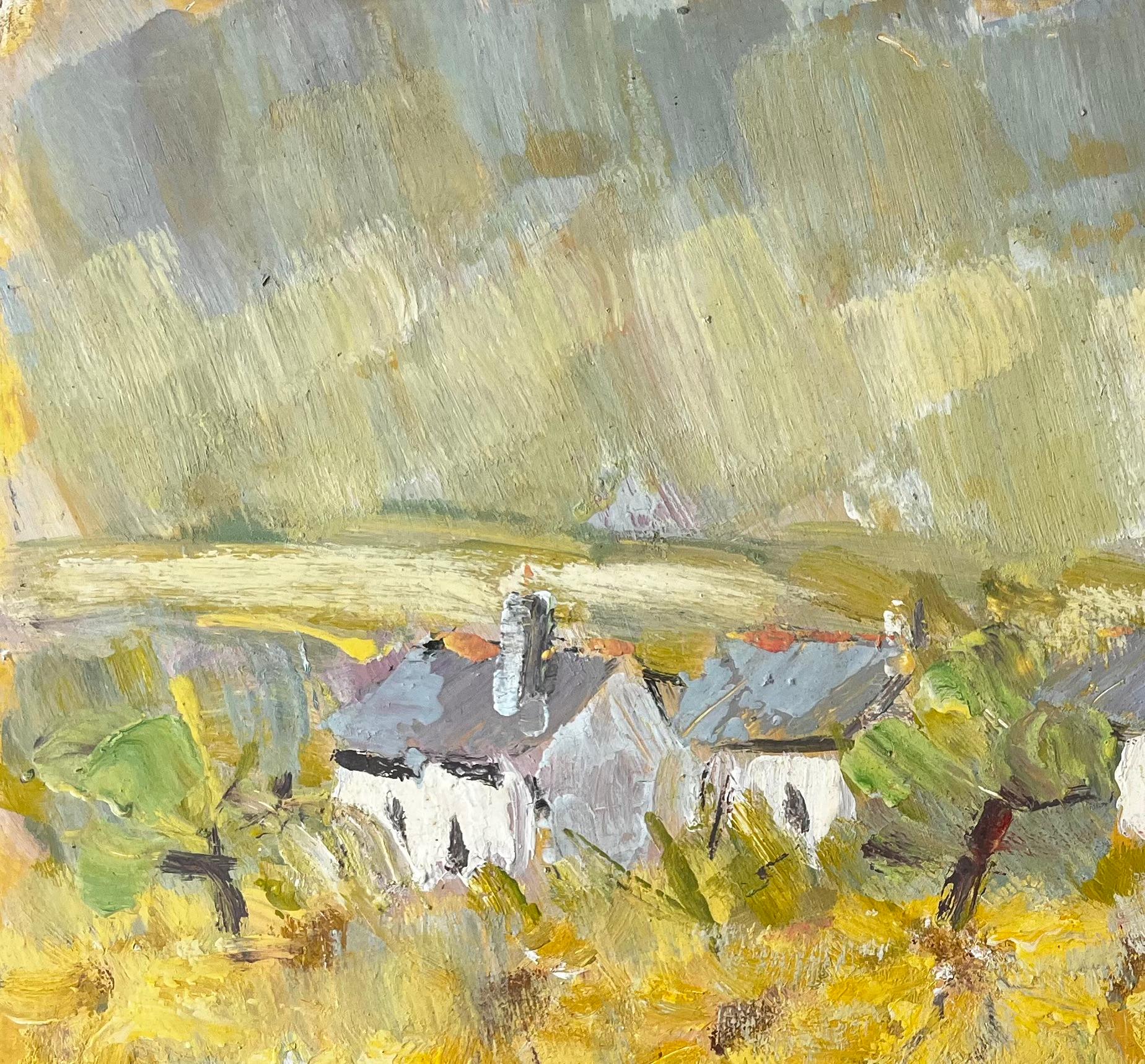 Impressionist French Village Landscape with Yellow Wildflowers and Church Dome For Sale 4
