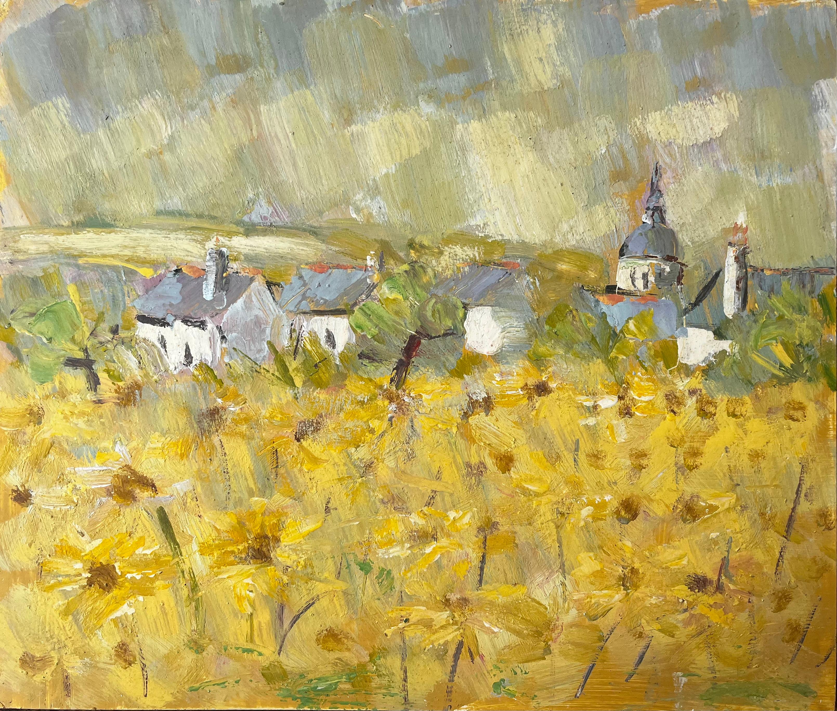 Fanch Lel Landscape Painting - Impressionist French Village Landscape with Yellow Wildflowers and Church Dome