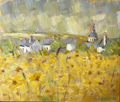 Impressionist French Village Landscape with Yellow Wildflowers and Church Dome