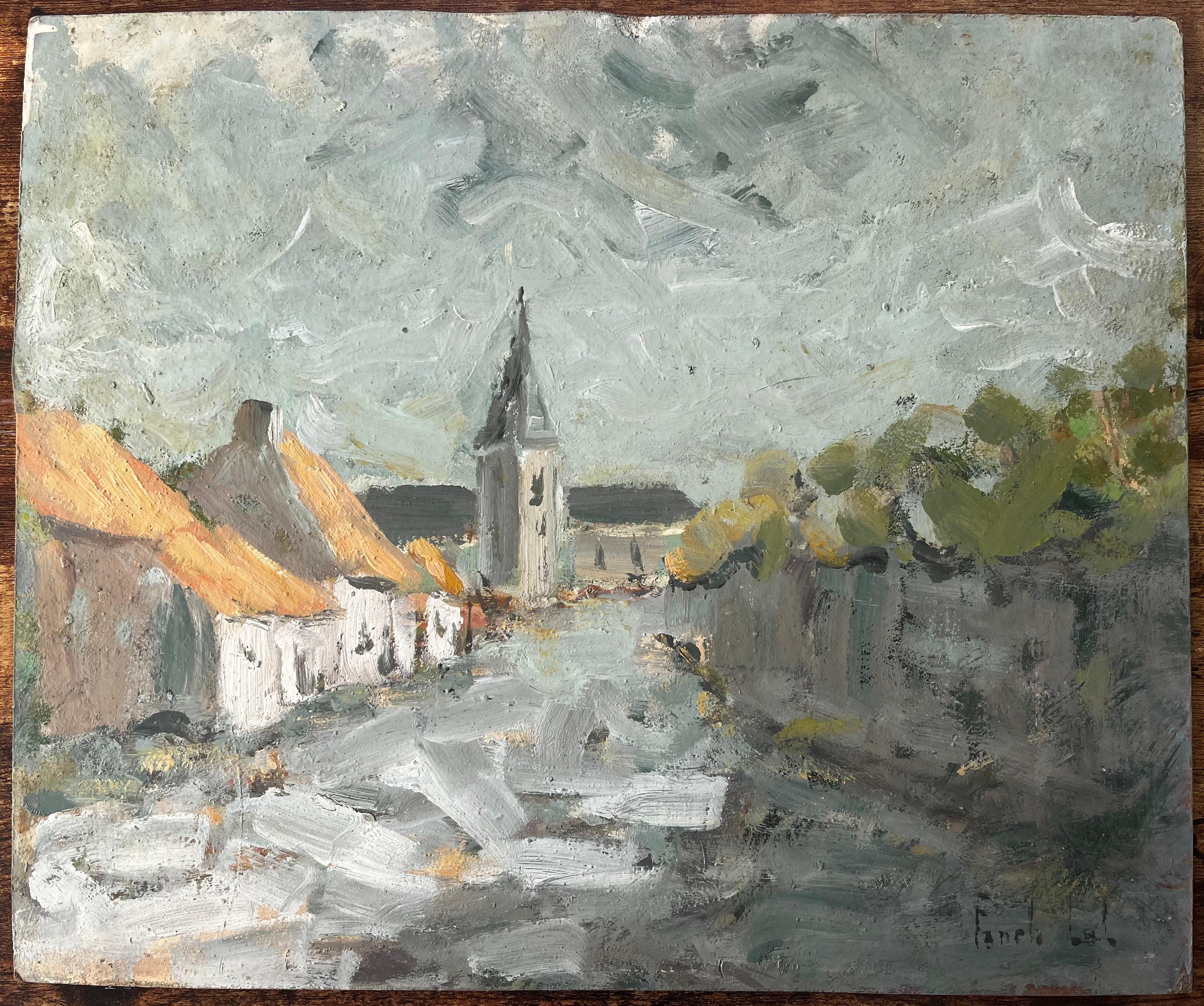 Impressionist French Village Scene with Church and Thatched Cottages - Painting by Fanch Lel
