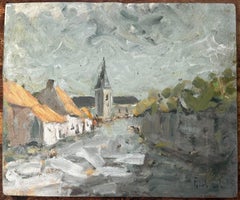 Scena impressionista di villaggio francese con chiesa e cottage con tetto di paglia