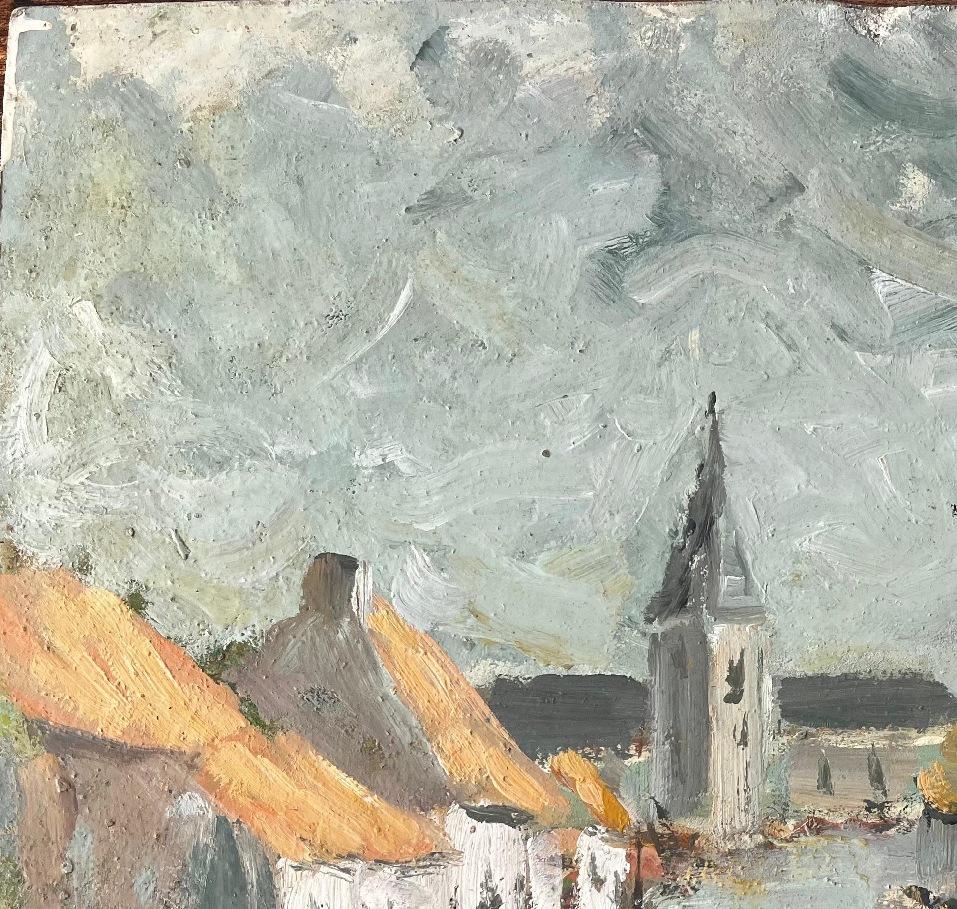 Impressionist French Village Scene with Church and Thatched Cottages - Gray Landscape Painting by Fanch Lel