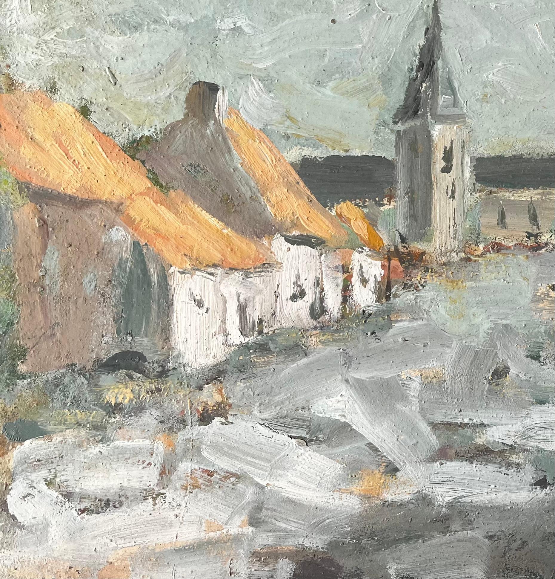 Title: Impressionist French Village Scene with Church and Thatched Cottages
by Fanch Lel
Signed: Bottom right corner 
Size: 15 x 18 inches (height x width)
Oil painting on board, unframed
Condition: Good condition overall with minor surface wear and
