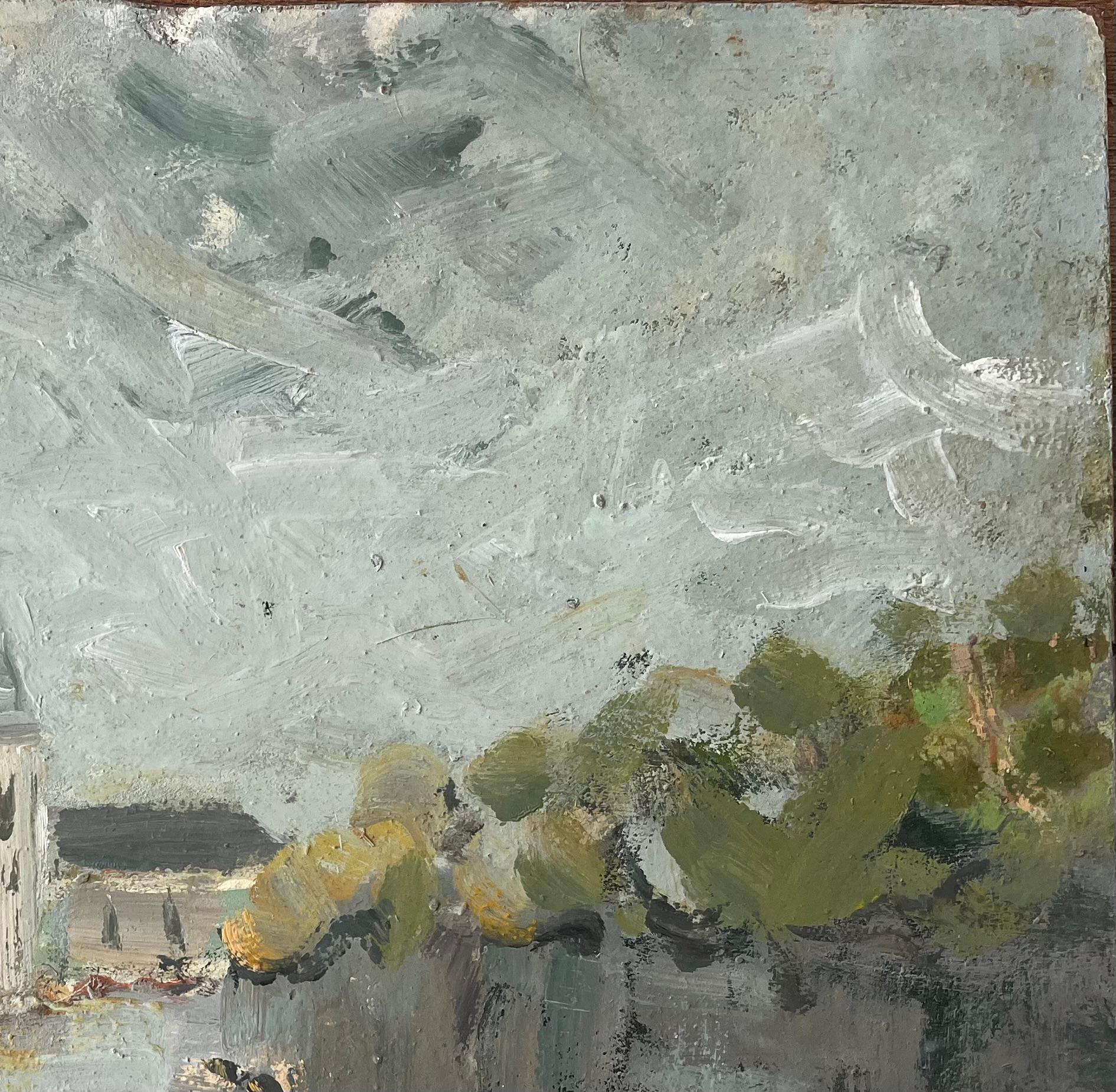 Impressionist French Village Scene with Church and Thatched Cottages For Sale 1