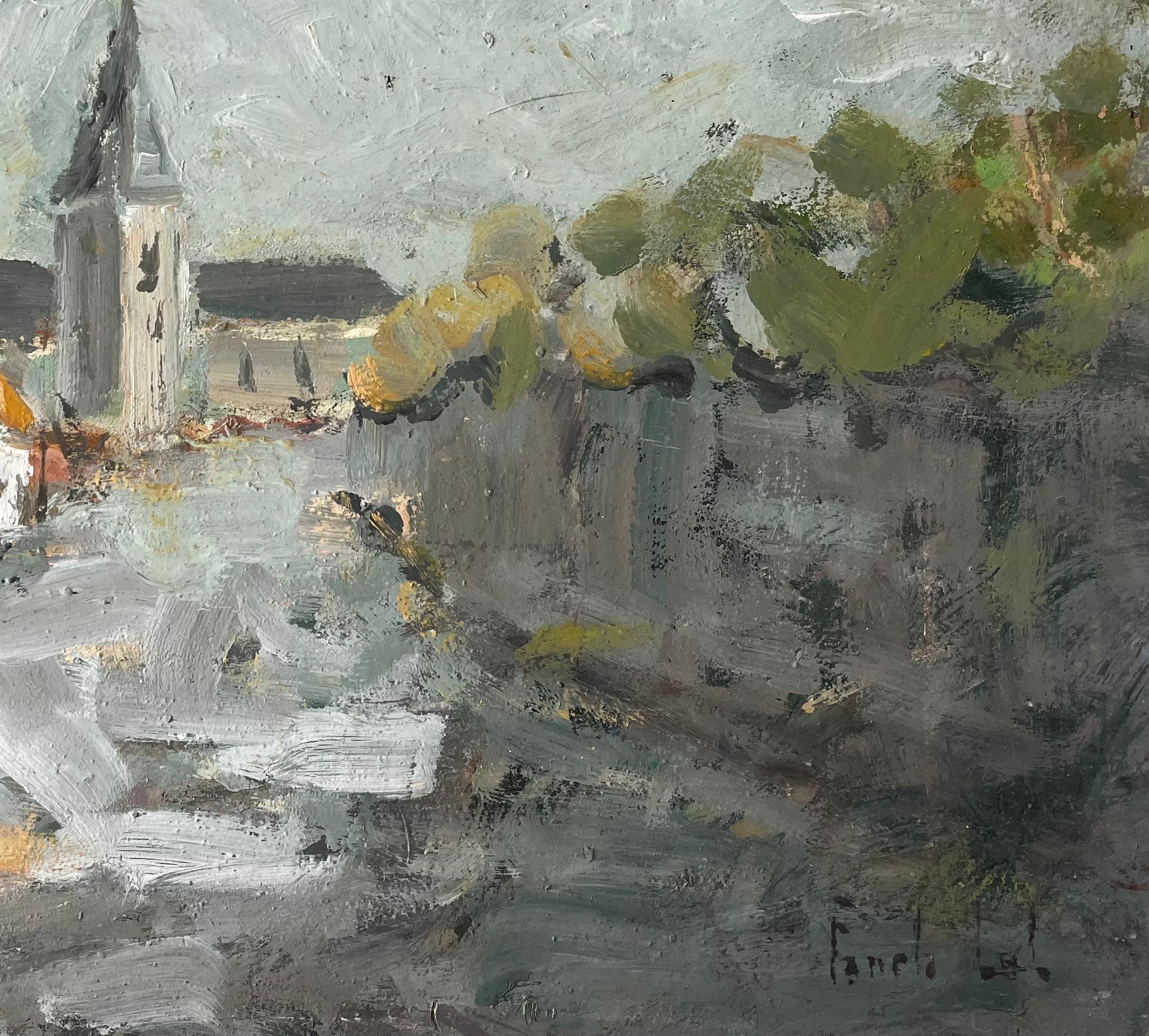 Impressionist French Village Scene with Church and Thatched Cottages For Sale 2