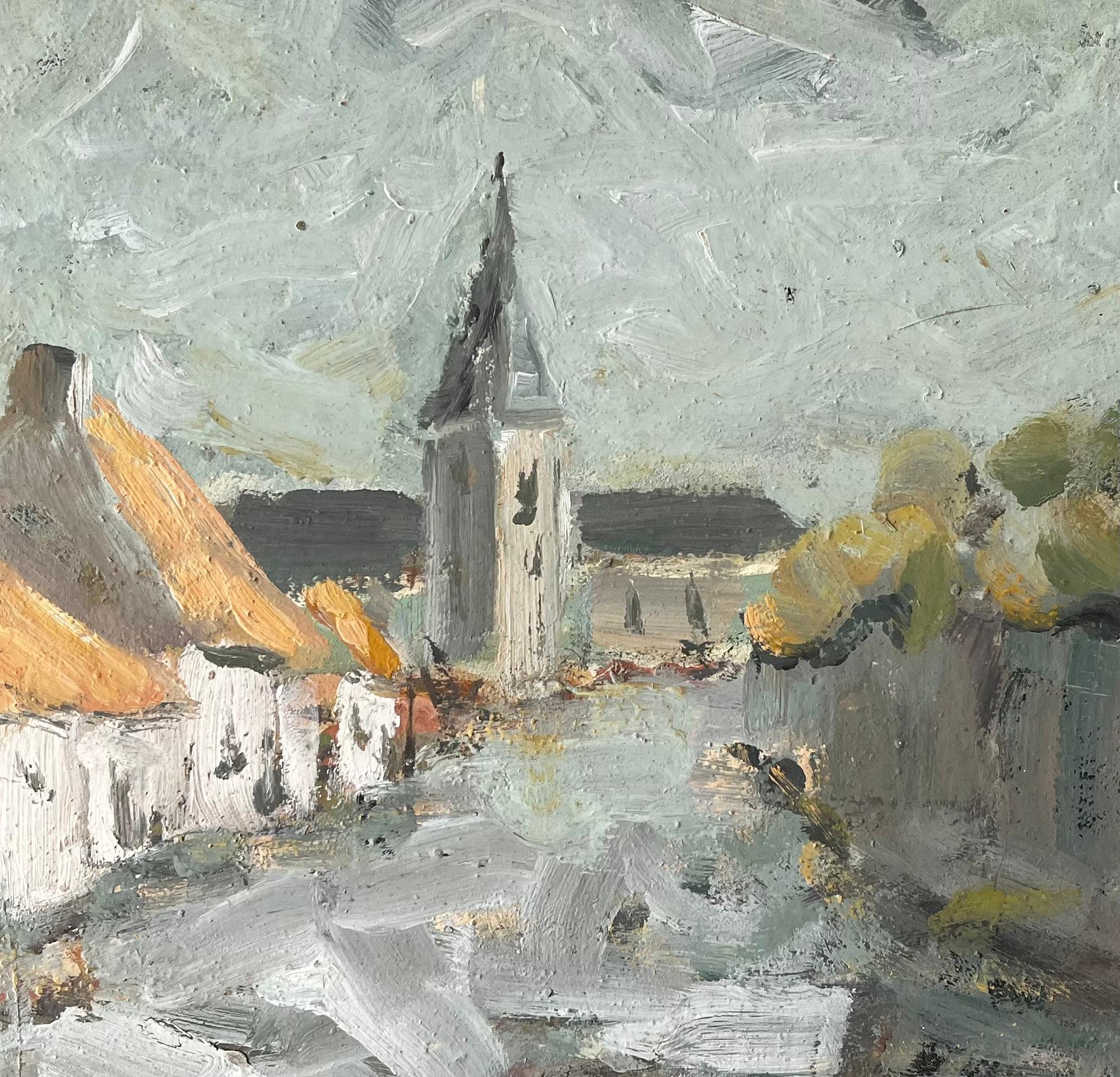 Impressionist French Village Scene with Church and Thatched Cottages For Sale 3