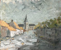 Vintage Impressionist French Village Scene with Church and Thatched Cottages