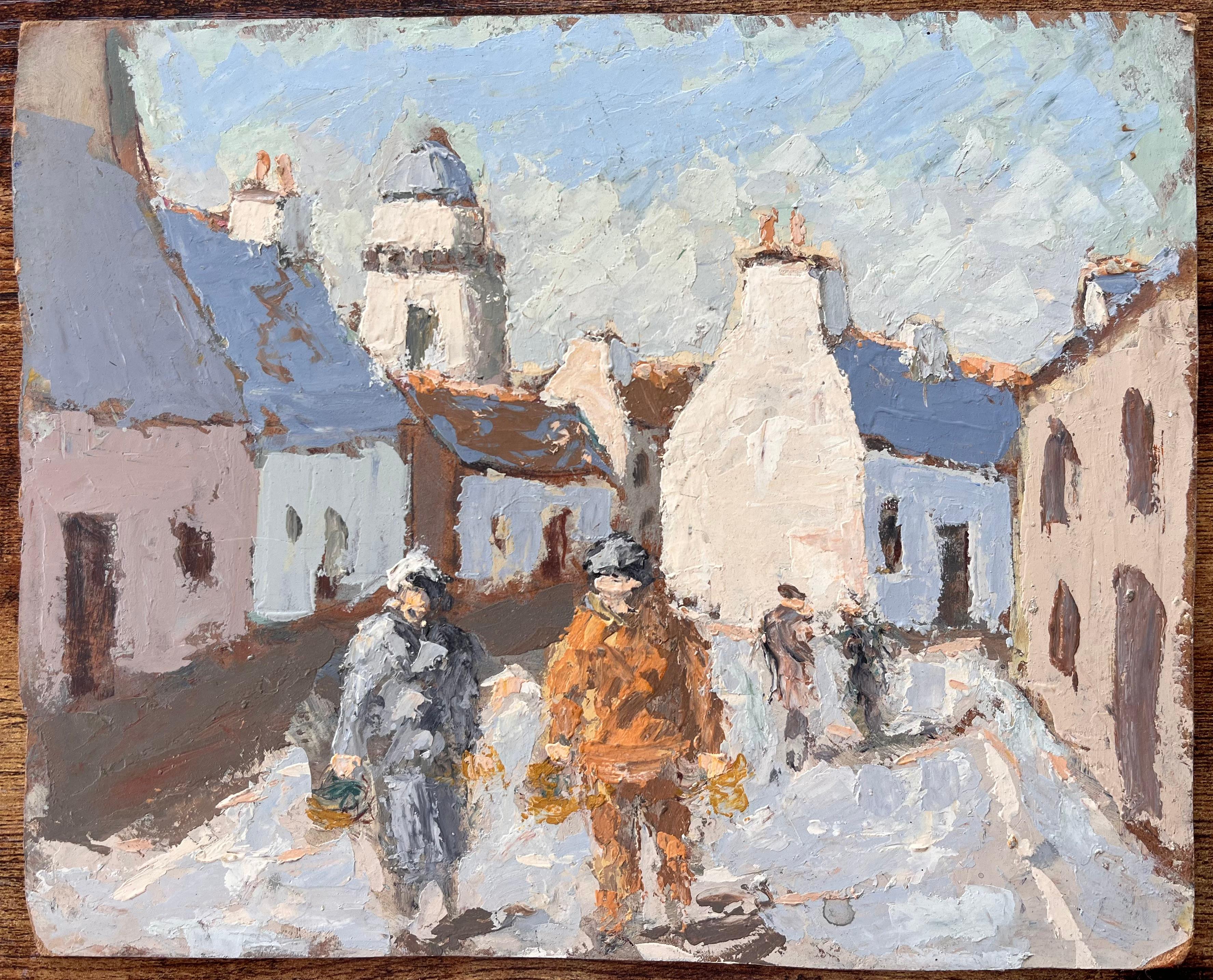 Scène de rue impressionniste française avec personnages et tour de cloche - Painting de Fanch Lel