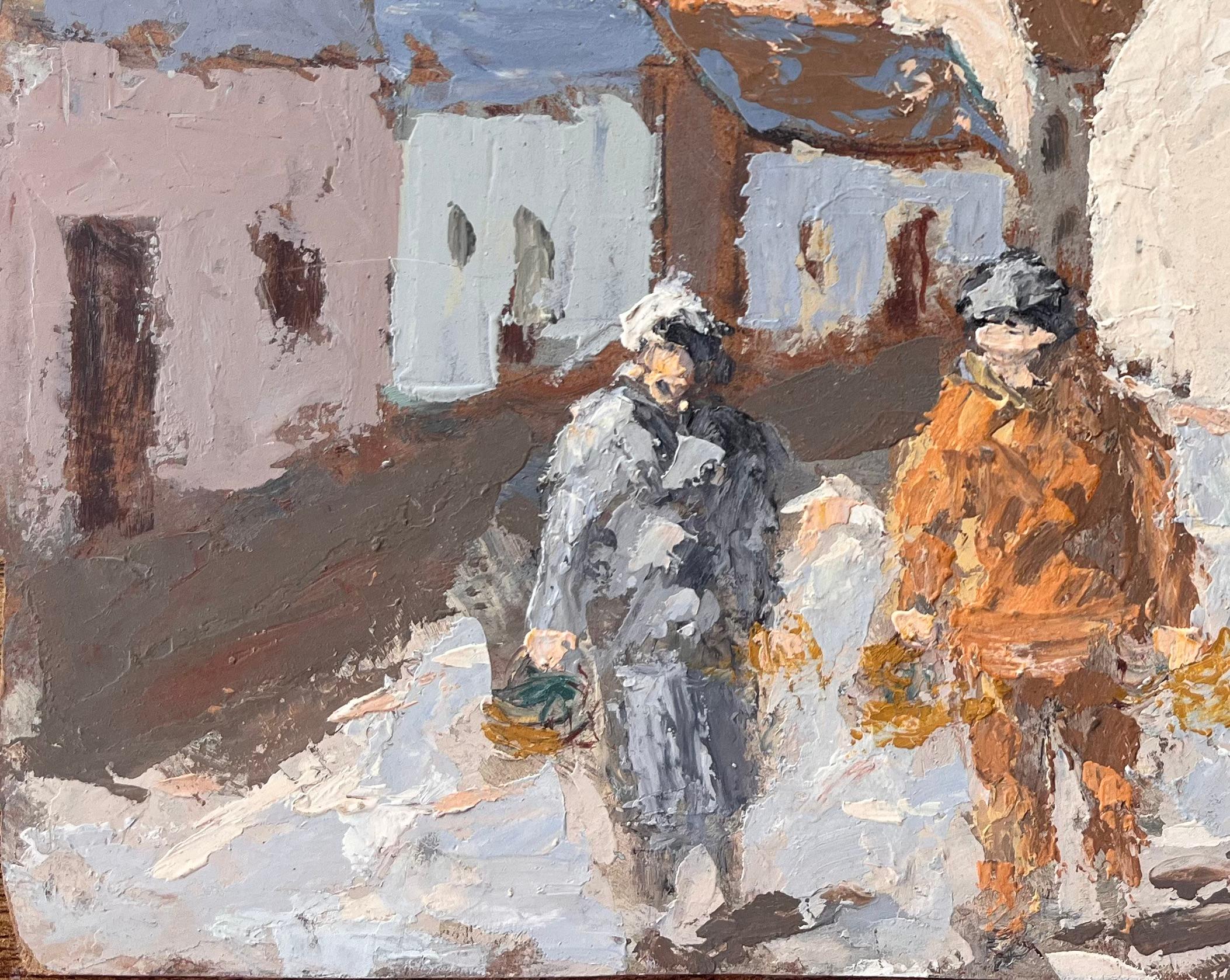 Scène de rue impressionniste française avec personnages et tour de cloche - Impressionnisme Painting par Fanch Lel