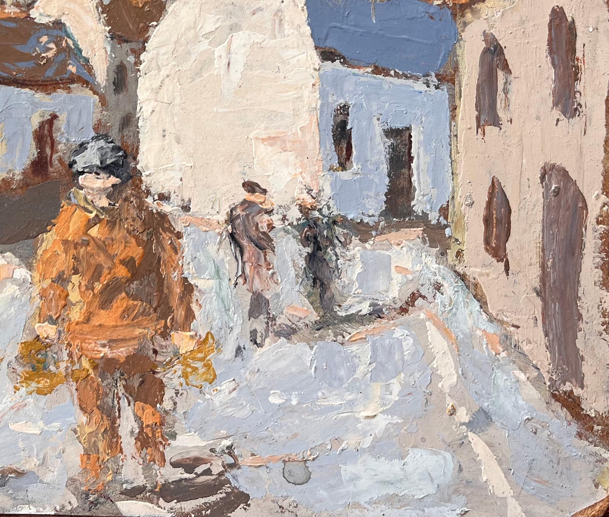 Scène de rue impressionniste française avec personnages et tour de cloche - Gris Abstract Painting par Fanch Lel