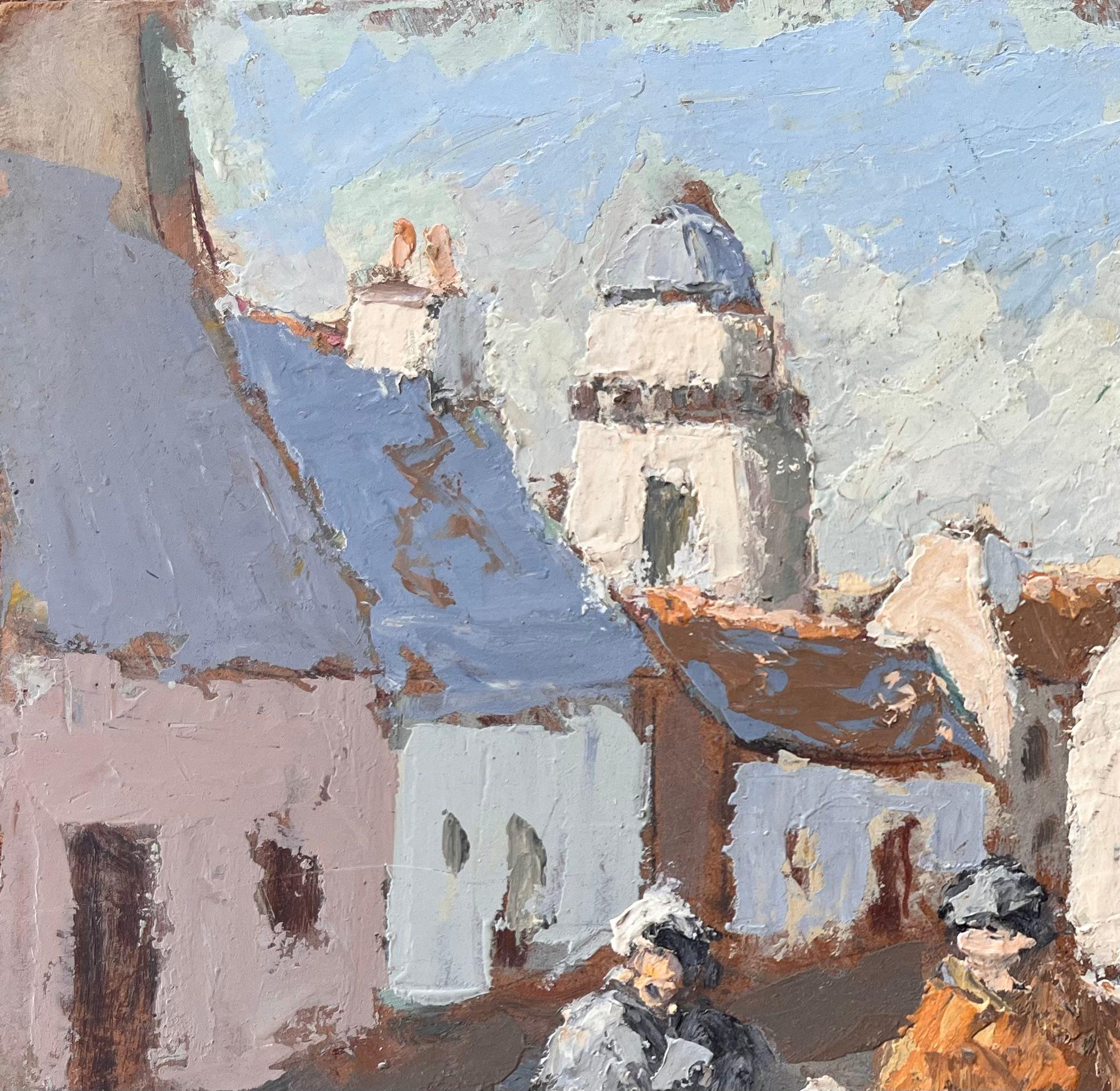 Titre : Scène de rue d'un village français impressionniste avec personnages et clocher
Par Fanch Lel
Taille : 8.5 x 10.75 pouces (hauteur x largeur)
Peinture à l'huile sur carton, non encadrée
Condit : La peinture est en bon état, avec une texture