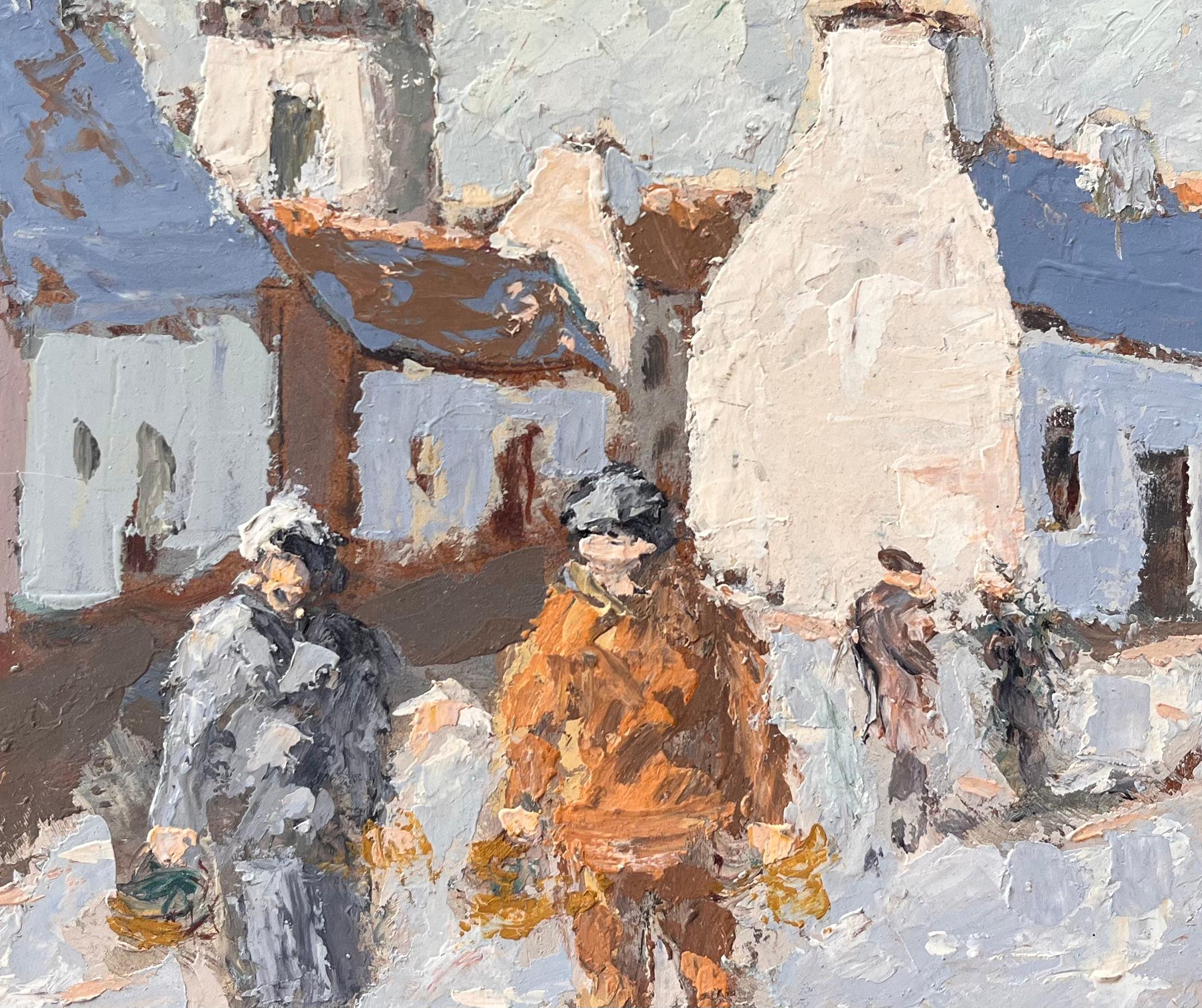 Scène de rue impressionniste française avec personnages et tour de cloche en vente 1