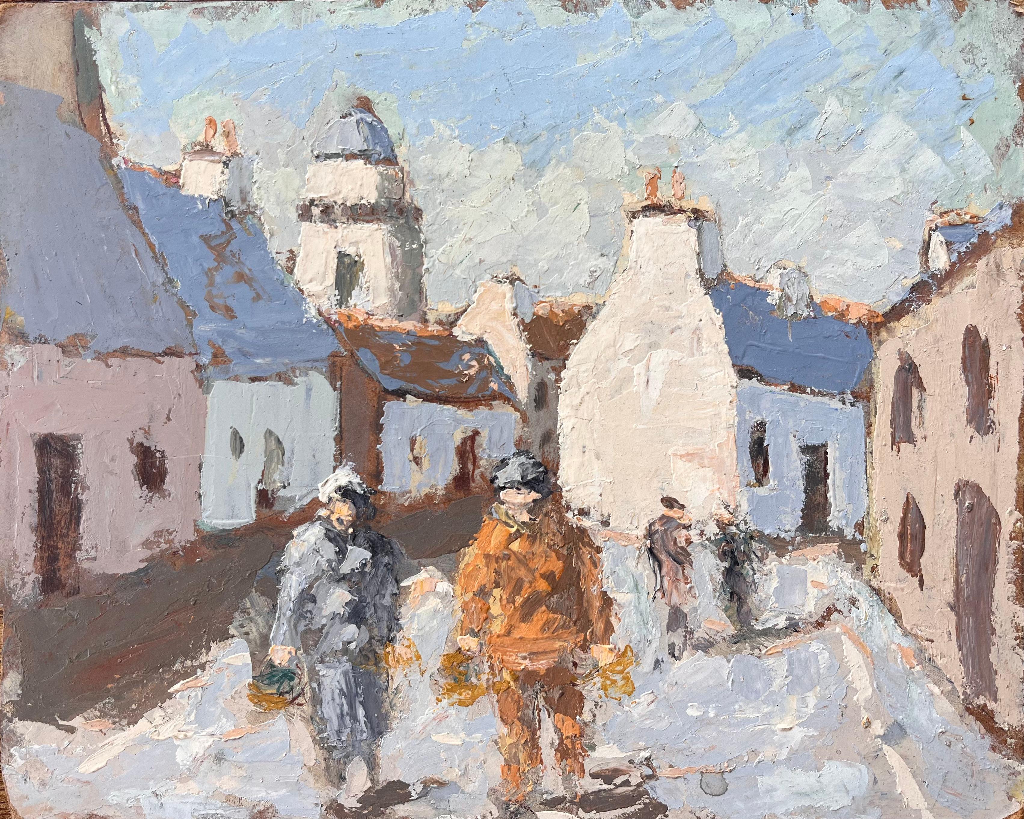 Abstract Painting Fanch Lel - Scène de rue impressionniste française avec personnages et tour de cloche