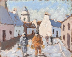 Impressionistische französische Dorfstraßensszene des Impressionismus mit Figuren und Glockenturm