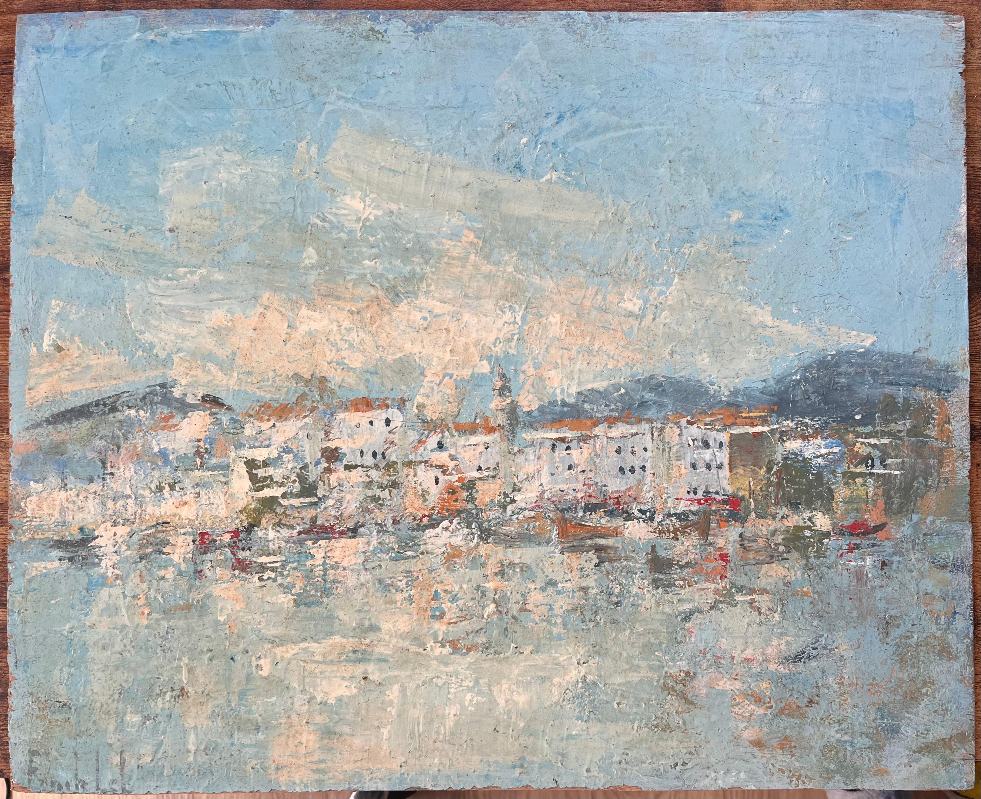Impressionistische Hafenszene mit weiß getünchten Gebäuden und Booten mit blauem Himmel – Painting von Fanch Lel