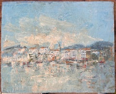 Impressionist Harbour Scene of Whitewashed Buildings and Boats with Blue Sky