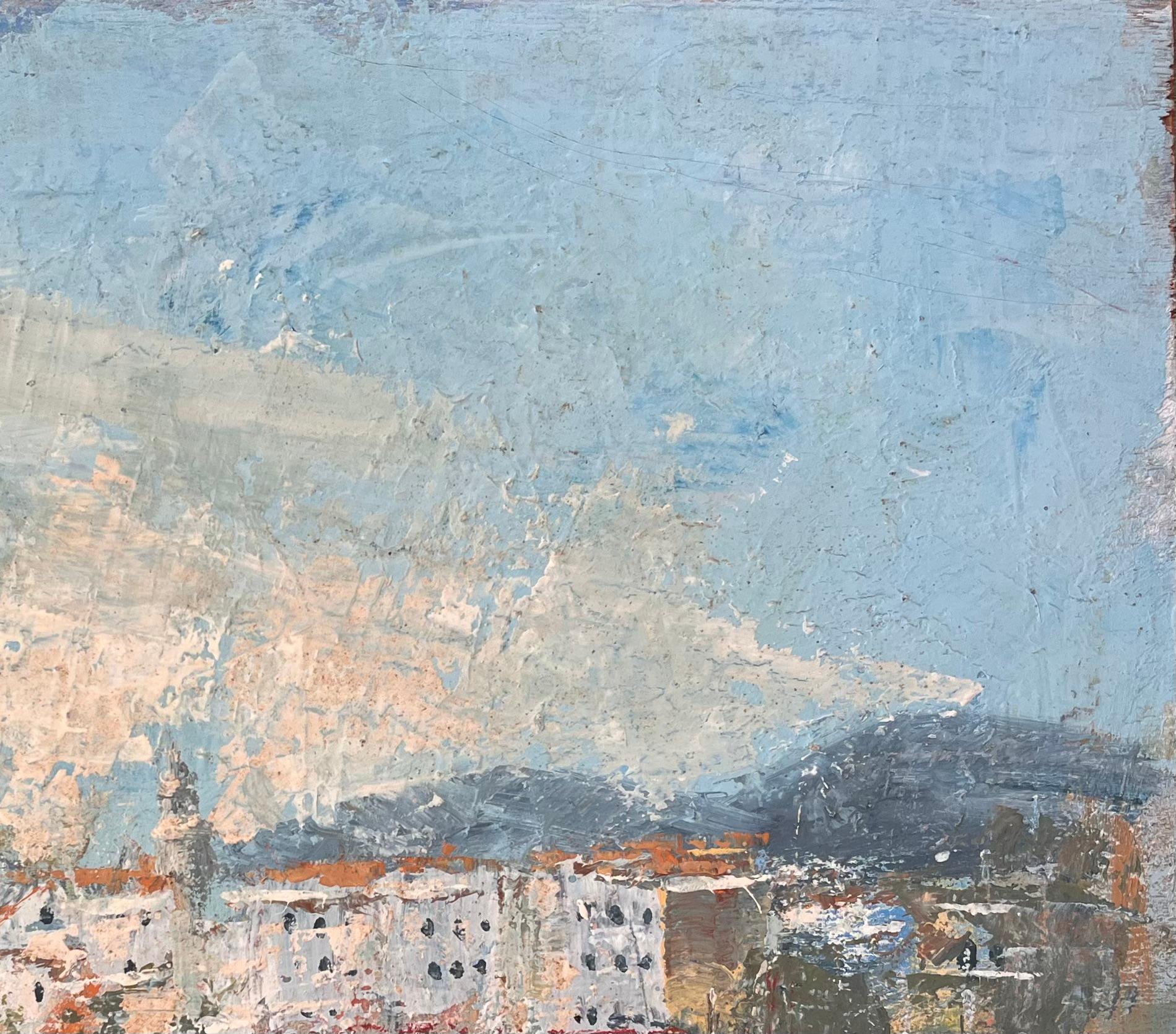 Impressionistische Hafenszene mit weiß getünchten Gebäuden und Booten mit blauem Himmel (Grau), Landscape Painting, von Fanch Lel