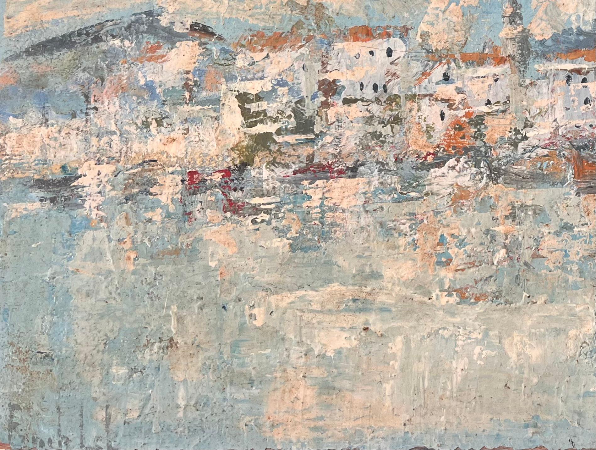 Titel: Impressionistische Hafenszene mit weiß getünchten Gebäuden und Booten vor blauem Himmel
Von Fanch Lel
Unterschrieben: Ja
Größe: 19,25 x 23,75 Zoll (Höhe x Breite)
Ölgemälde auf Karton, ungerahmt
Zustand: Das Gemälde ist in gutem Zustand mit