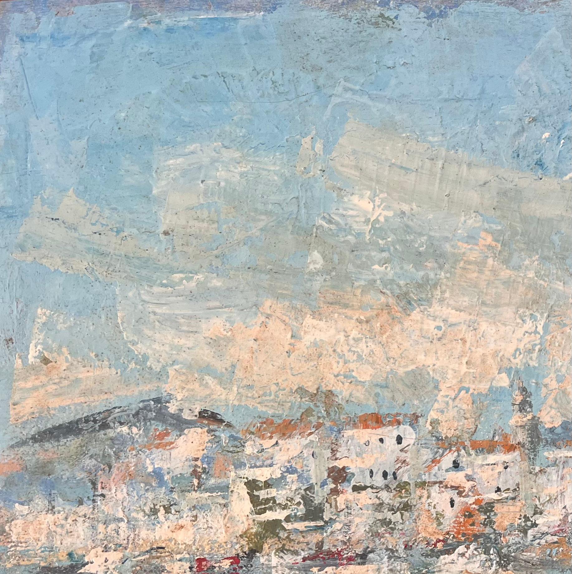 Impressionistische Hafenszene mit weiß getünchten Gebäuden und Booten mit blauem Himmel im Angebot 1