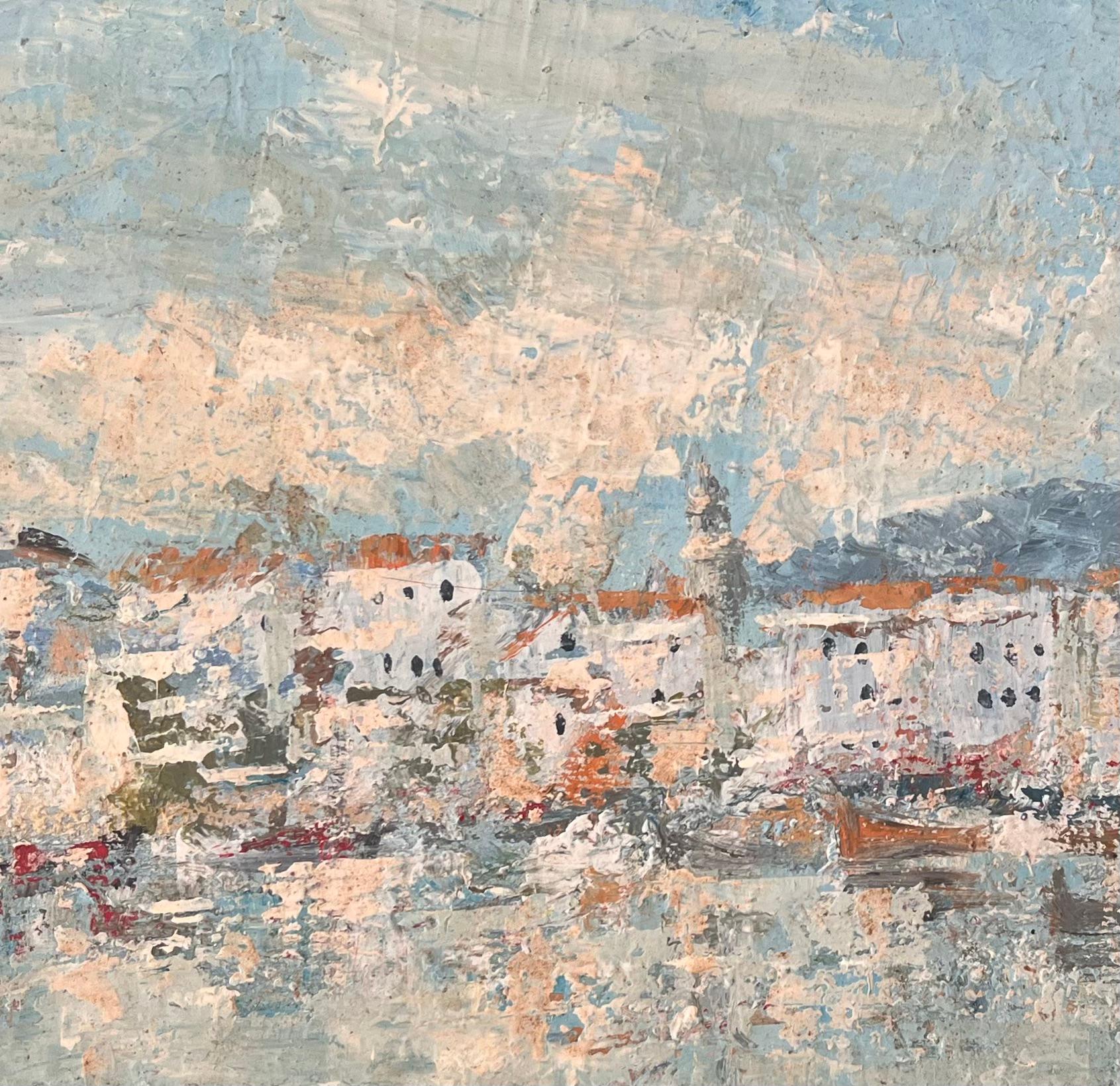 Impressionistische Hafenszene mit weiß getünchten Gebäuden und Booten mit blauem Himmel im Angebot 2