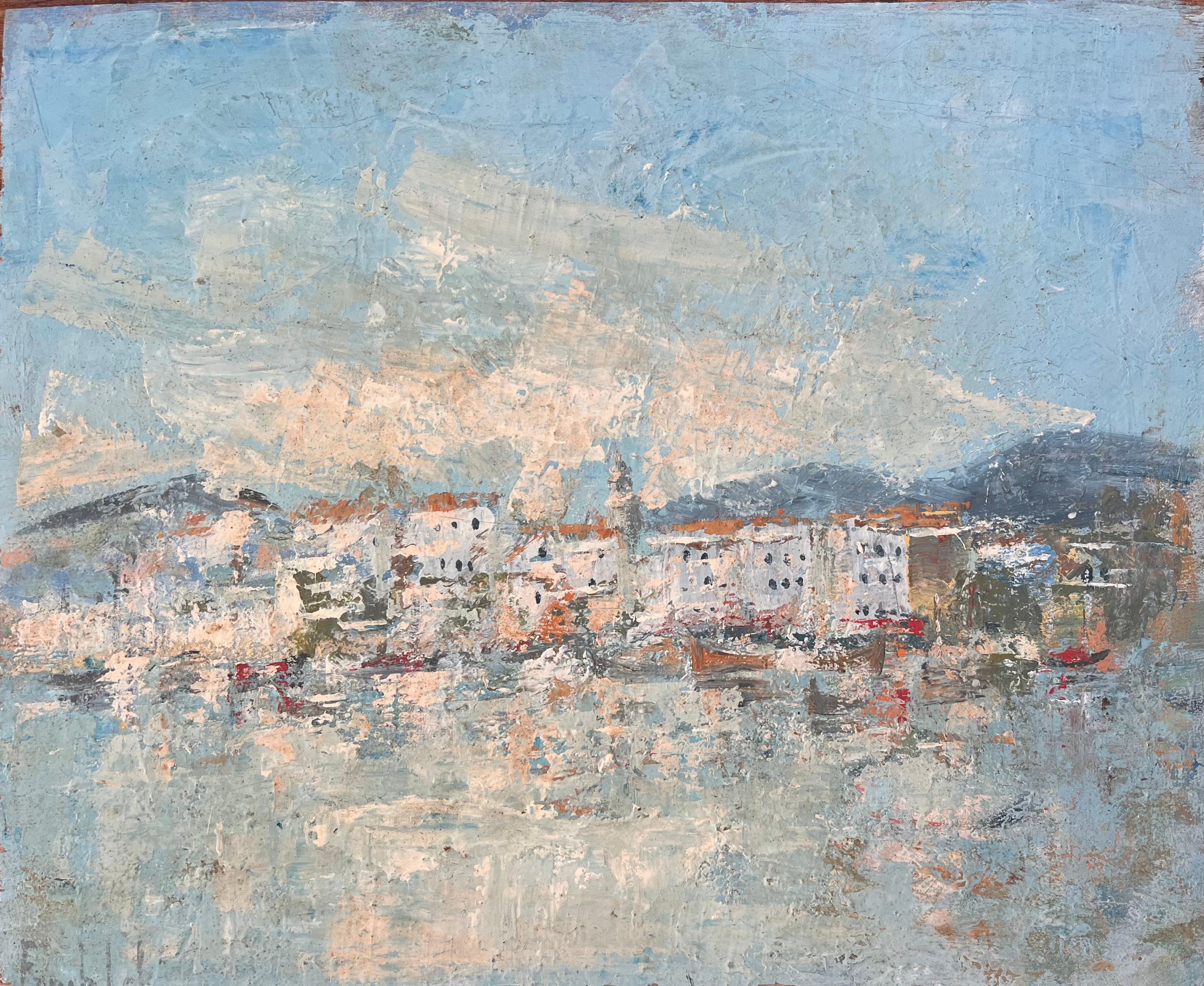 Impressionist Harbour Scene of Whitewashed Buildings and Boats with Blue Sky