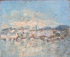 Vintage Impressionist Harbour Scene of Whitewashed Buildings and Boats with Blue Sky