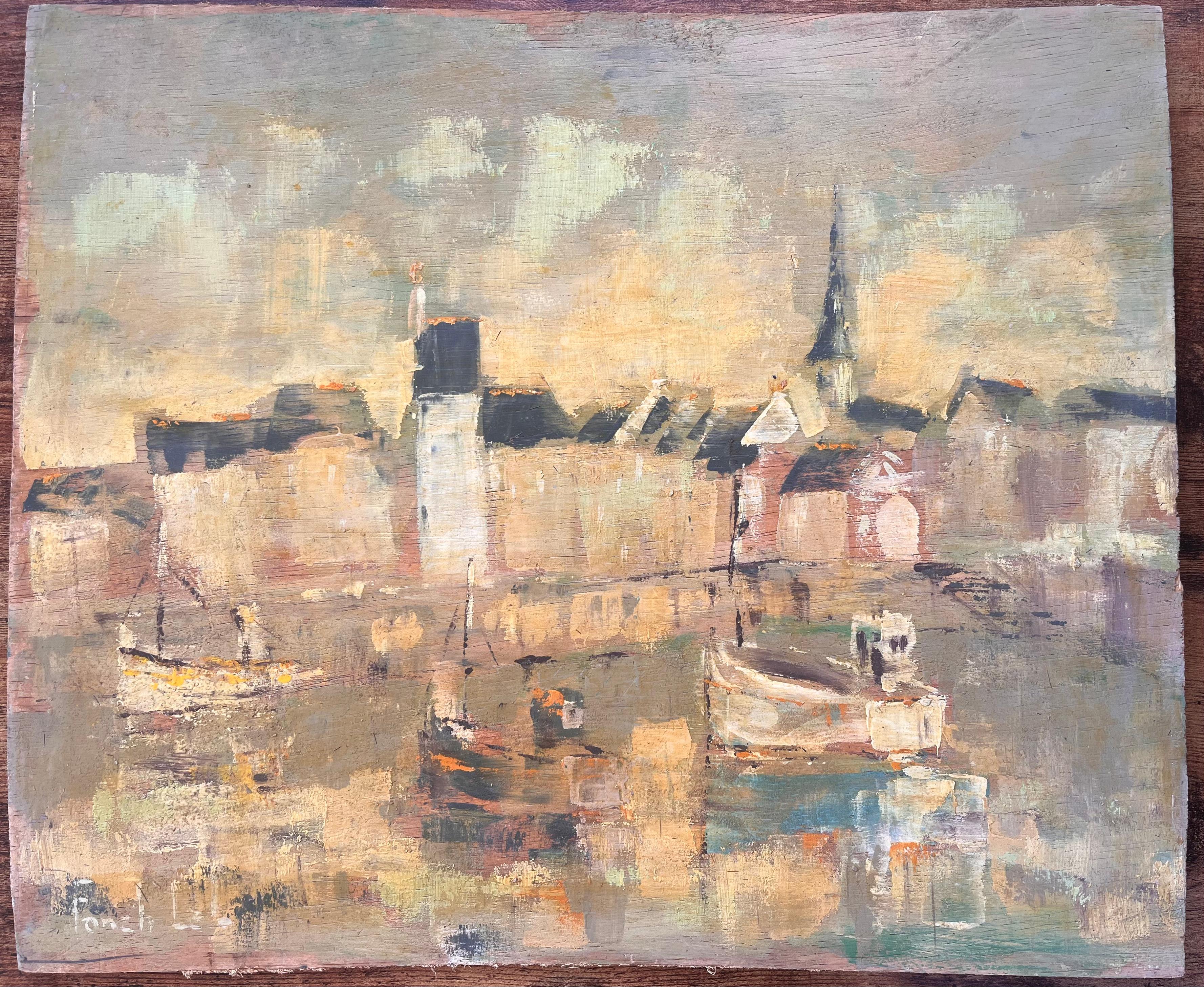 Impressionist Harbour Scene with Boats and Steeple at Sunset in Golden Tones - Painting by Fanch Lel