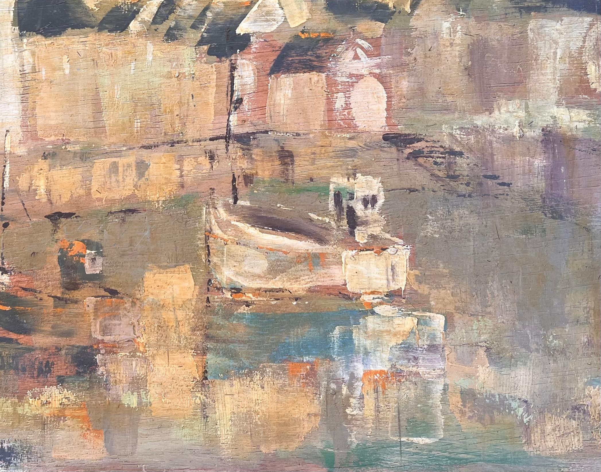 Impressionist Harbour Scene with Boats and Steeple at Sunset in Golden Tones - Beige Landscape Painting by Fanch Lel