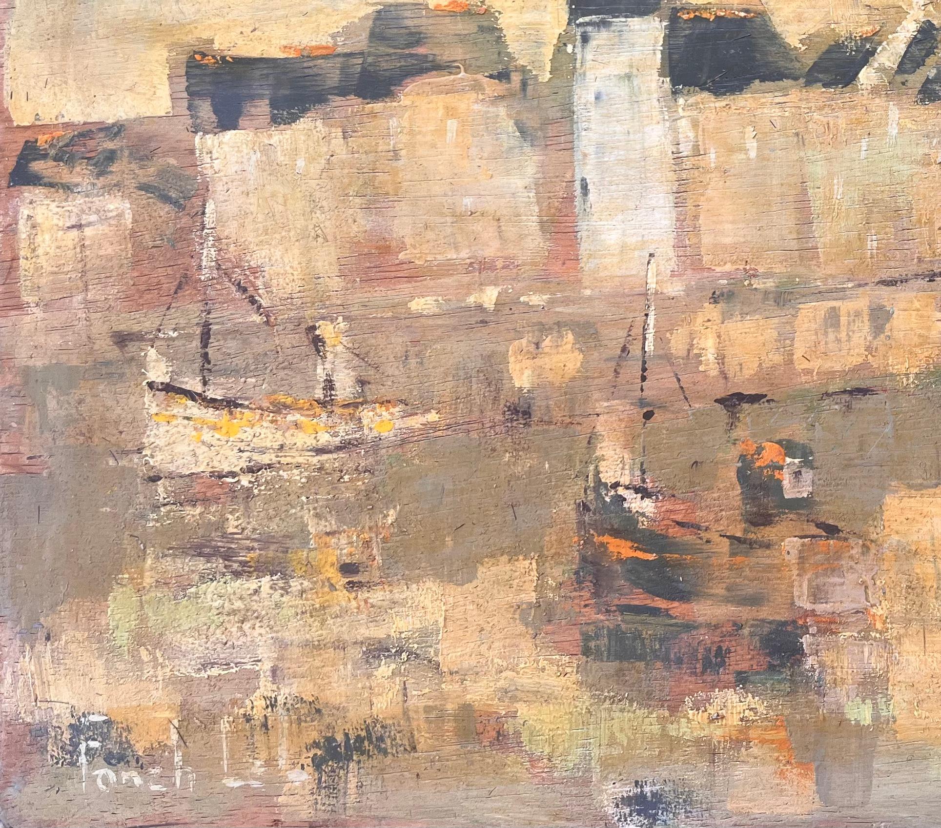 Title: Impressionist Harbour Scene with Boats and Steeple at Sunset in Golden Tones
By Fanch Lel
Size: 18 x 21.5 inches (height x width)
Oil painting on board, unframed
Condition: The painting is in good condition with expressive texture throughout;