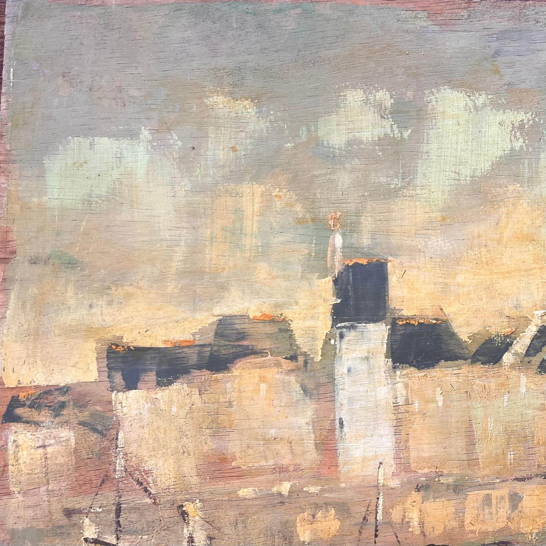 Impressionist Harbour Scene with Boats and Steeple at Sunset in Golden Tones For Sale 1