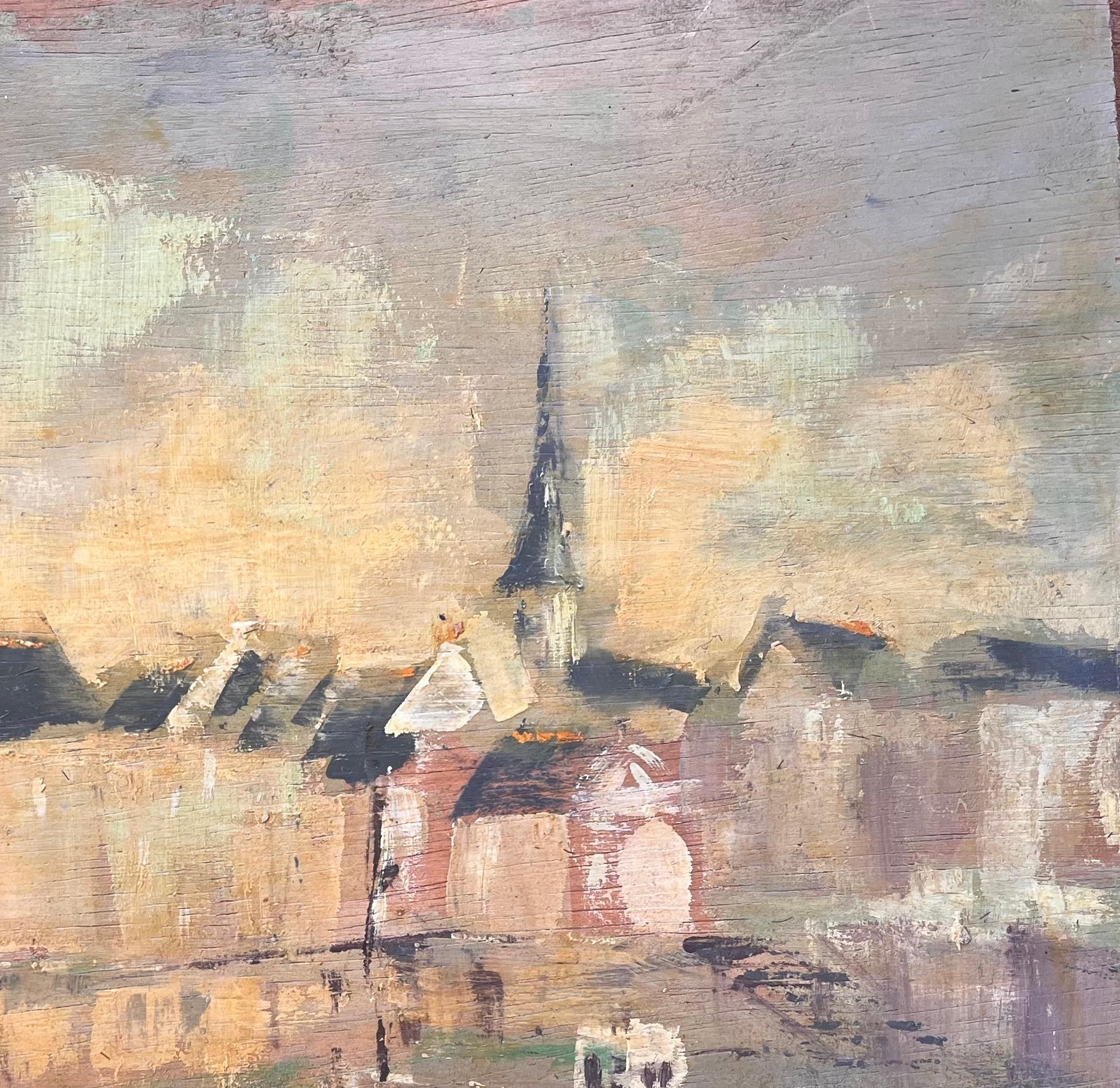 Impressionist Harbour Scene with Boats and Steeple at Sunset in Golden Tones For Sale 2