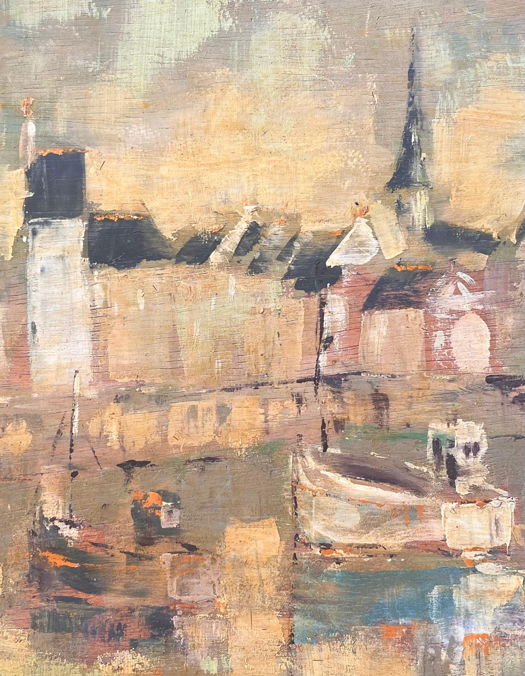 Impressionist Harbour Scene with Boats and Steeple at Sunset in Golden Tones For Sale 3