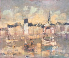 Impressionist Harbour Scene with Boats and Steeple at Sunset in Golden Tones