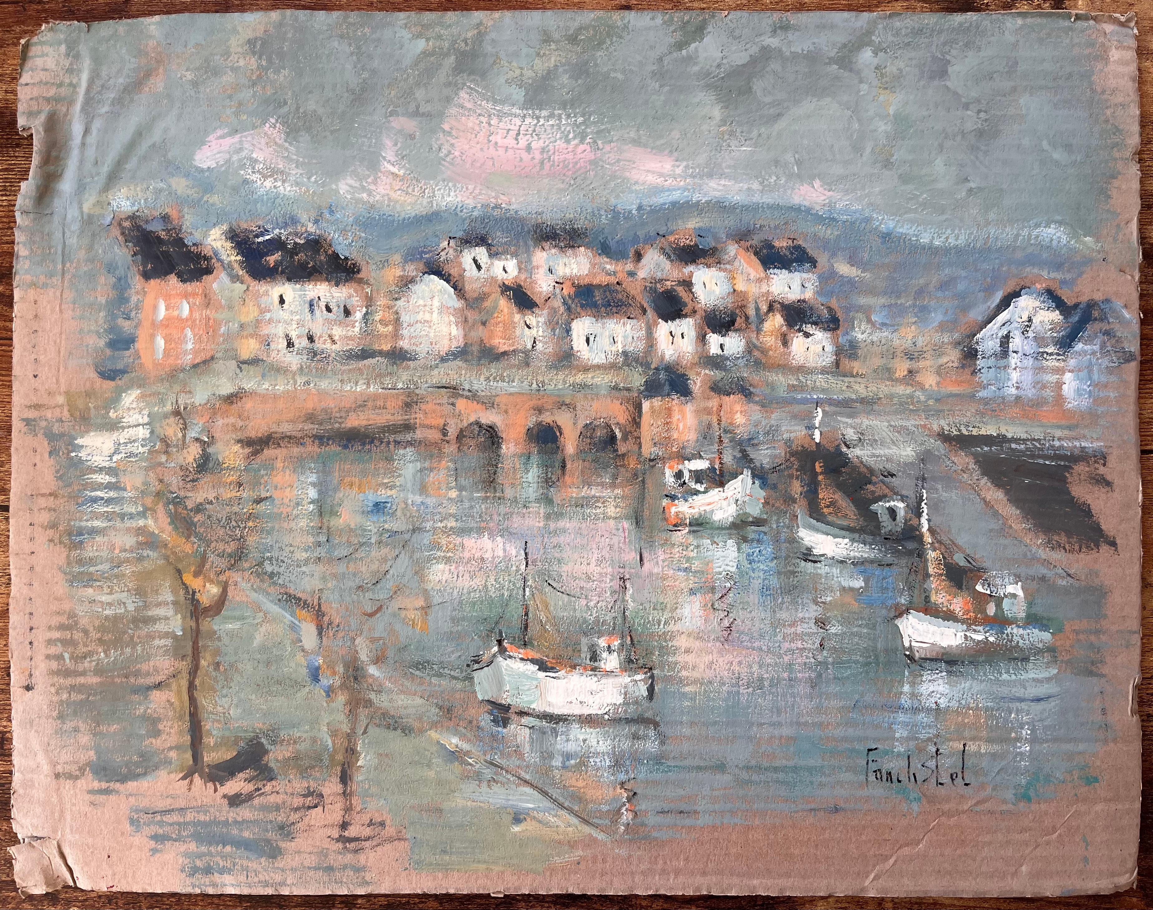 Impressionist Harbour Scene with Boats and Stone Bridge in La Trinité sur Mer - Painting by Fanch Lel