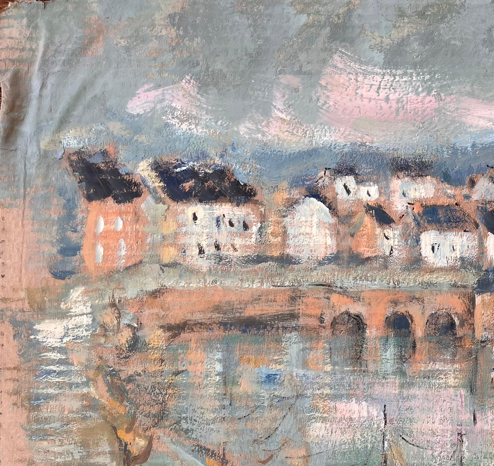 Impressionist Harbour Scene with Boats and Stone Bridge in La Trinité sur Mer - Gray Landscape Painting by Fanch Lel