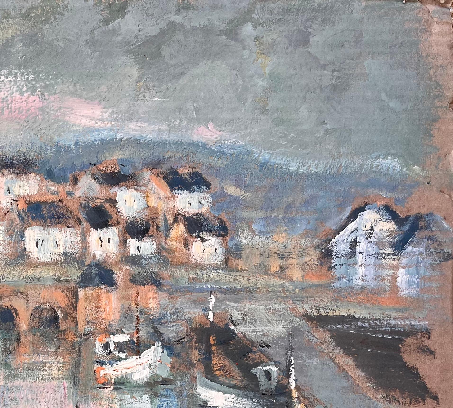 Title: Impressionist Harbour Scene with Boats and Stone Bridge in La Trinité sur Mer
By Fanch Les
Signed: Yes
Size: 15.25 x 19.5 inches (height x width)
Oil painting on cardboard, unframed
Condition: The painting is in good condition with expressive