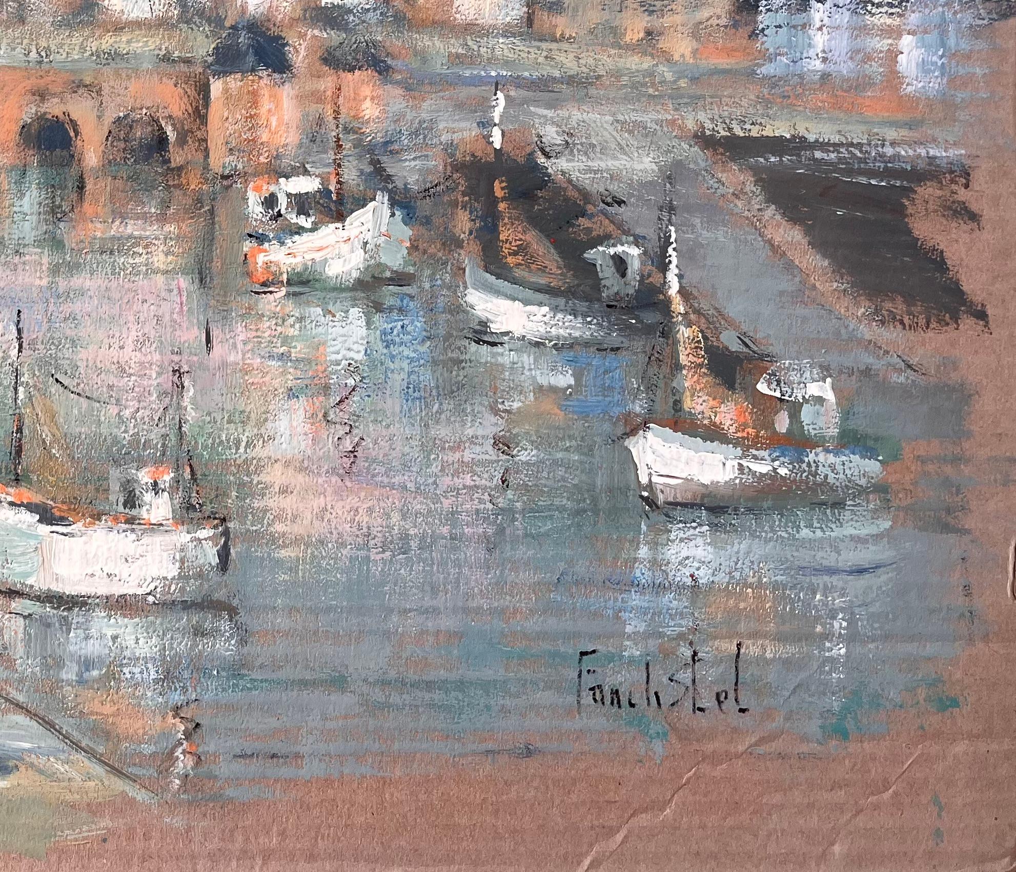Impressionist Harbour Scene with Boats and Stone Bridge in La Trinité sur Mer For Sale 1