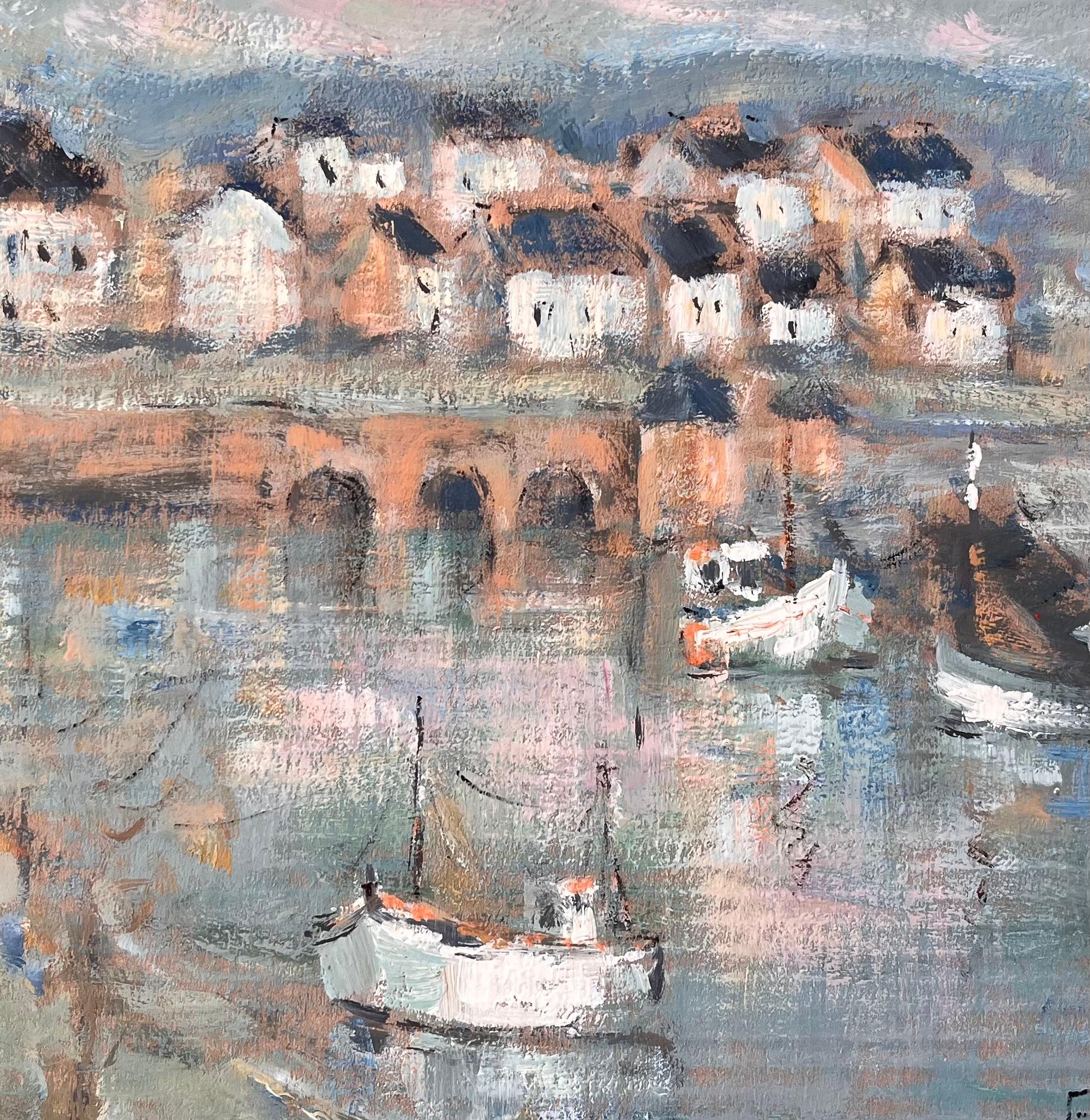 Impressionist Harbour Scene with Boats and Stone Bridge in La Trinité sur Mer For Sale 3